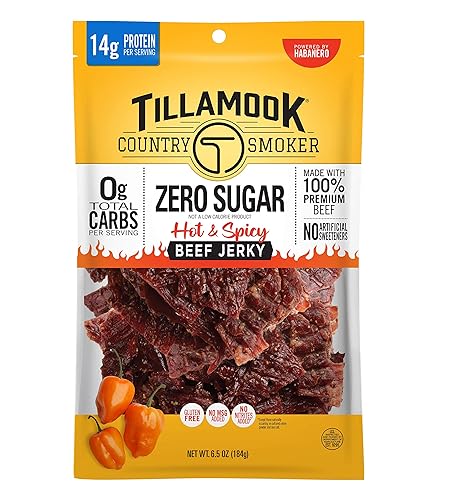 Tillamook Country Smoker Keto Friendly Zero Sugar Beef Jerky, Hot & Spicy, 6.5 Ounce - Hot & Spicy - 6.5 Ounce (Pack of 1)