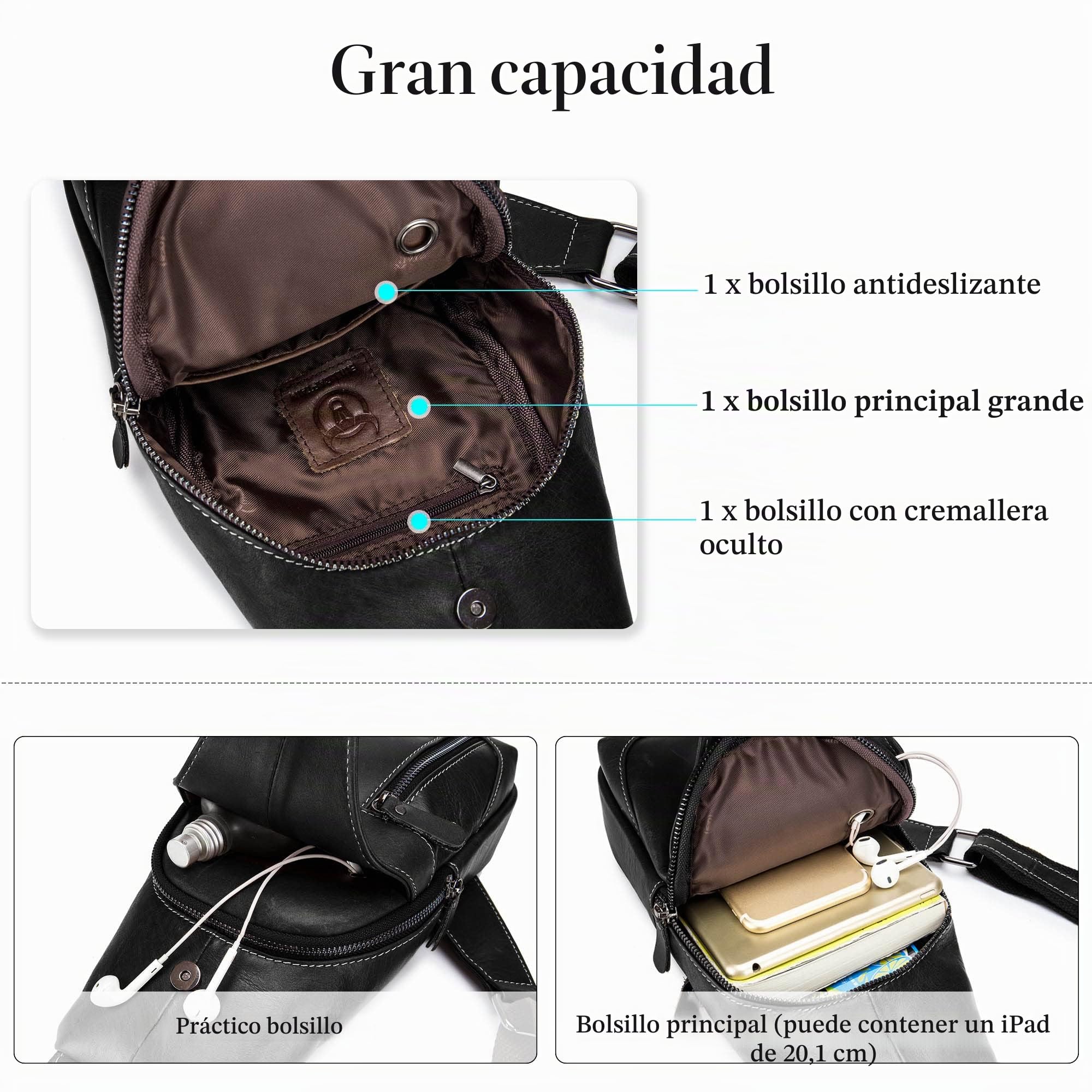 VARLIVOO Retro Bolsos de Hombro para Hombre Sling Bag con USB Port Bolsos Cruzados Bandolera Bolsa de Pecho Crossbody Bolsa Viajar Negocio Sling Backpack Impermeable Cuero Negro