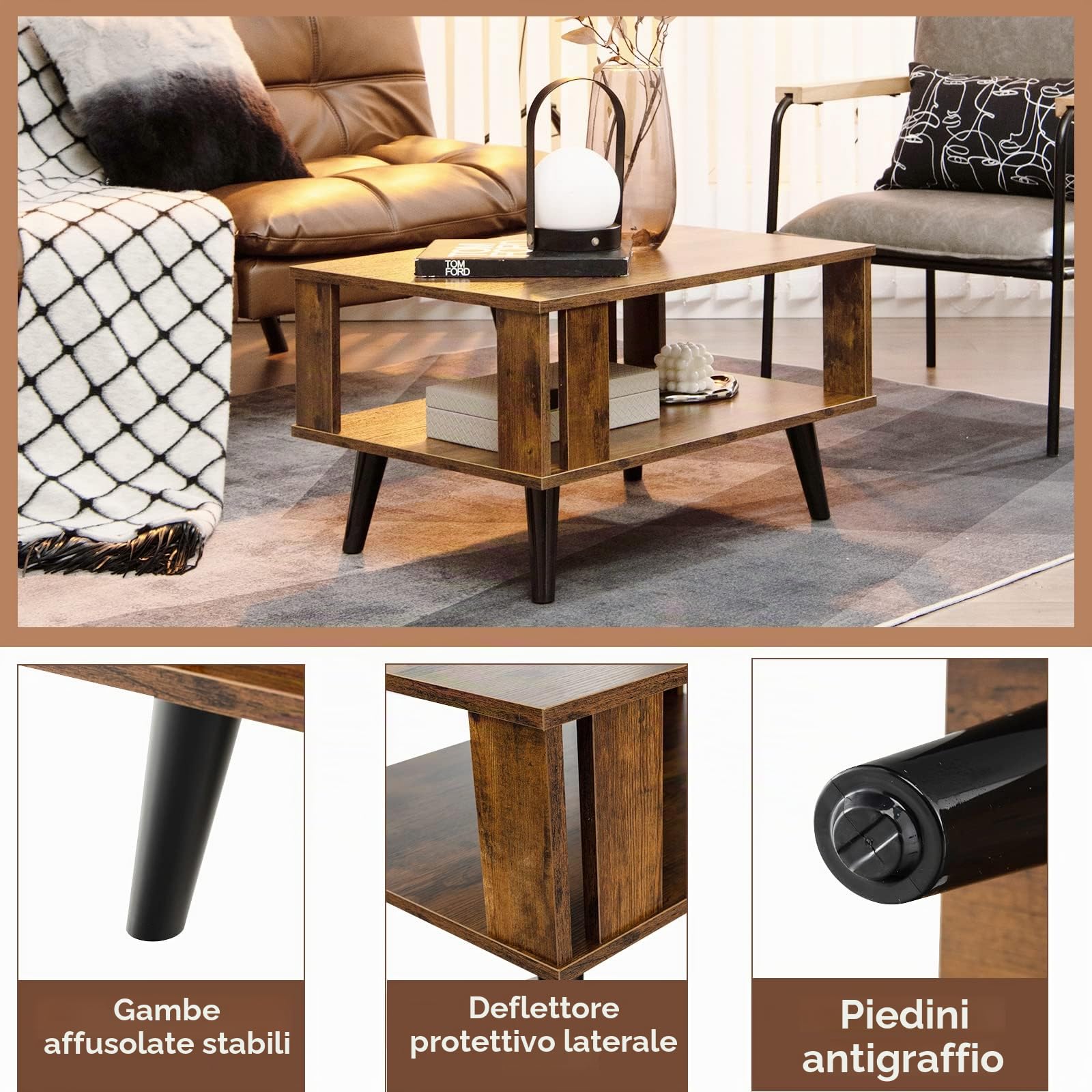 LIFEZEAL Tavolino da Salotto, Basso a 2 Ripiani, Tavolino da Caffè, da Divano, Scomparto Aperto, in Legno, Montaggio Semplice, Moderno, per Soggiorno, Max 70 kg, 70x50x41 cm, Marrone