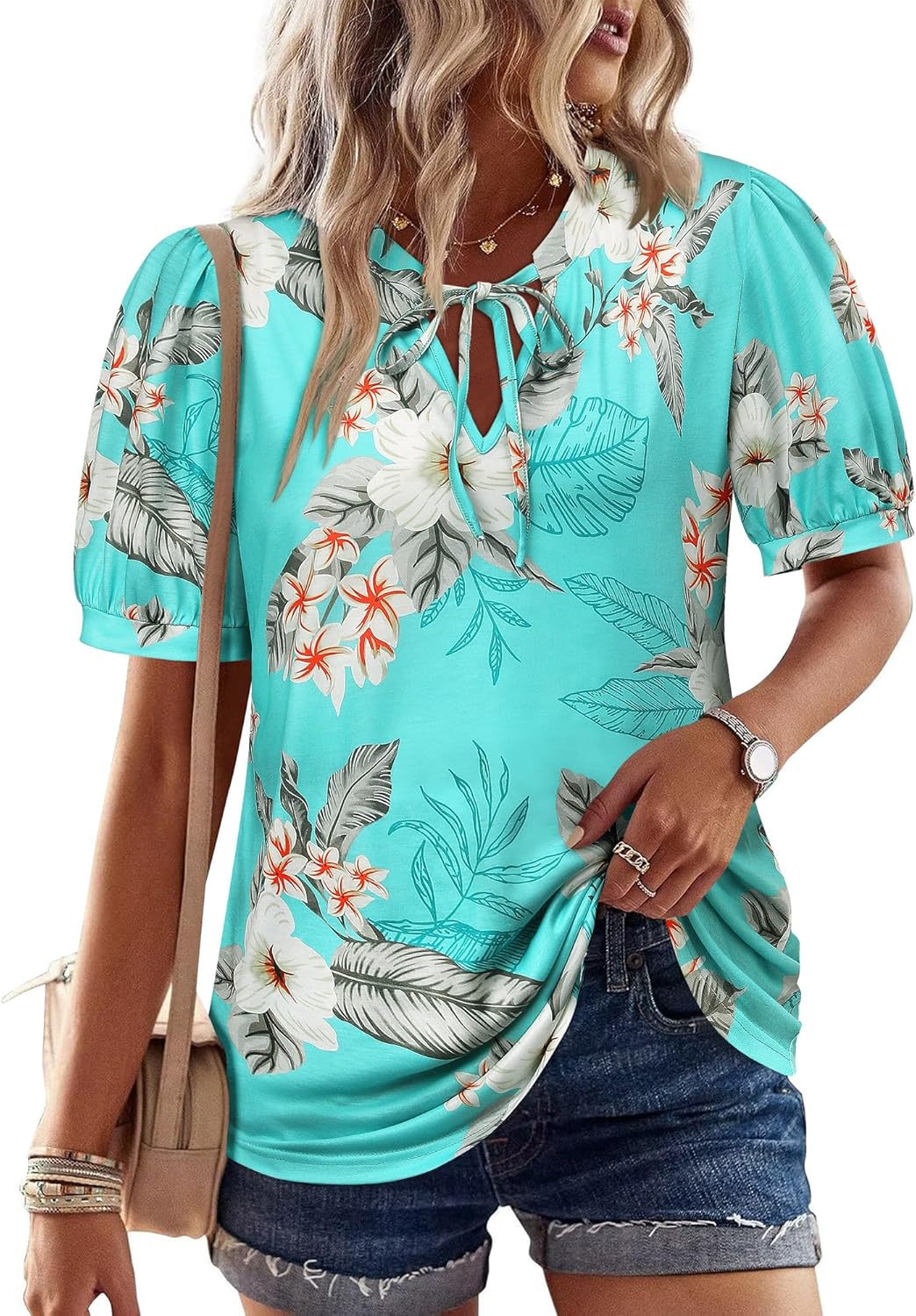 Ezcosplay Women Hawaiian Shirt Drawstring V Neck Puff Short Sleeve Tshirt Flamingo Tropical Outfit Luau Party Tops Tees