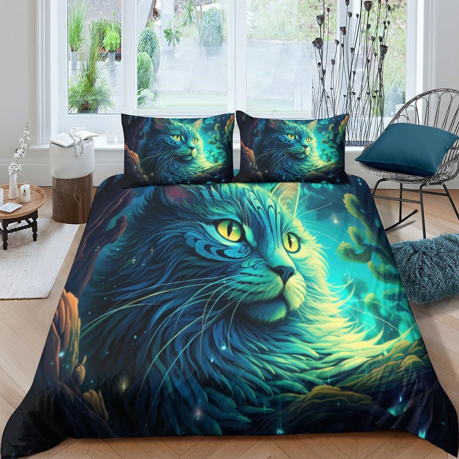 Housse de couette chat vert 3D 220x240 cm avec taies d'oreiller pour lit adulte