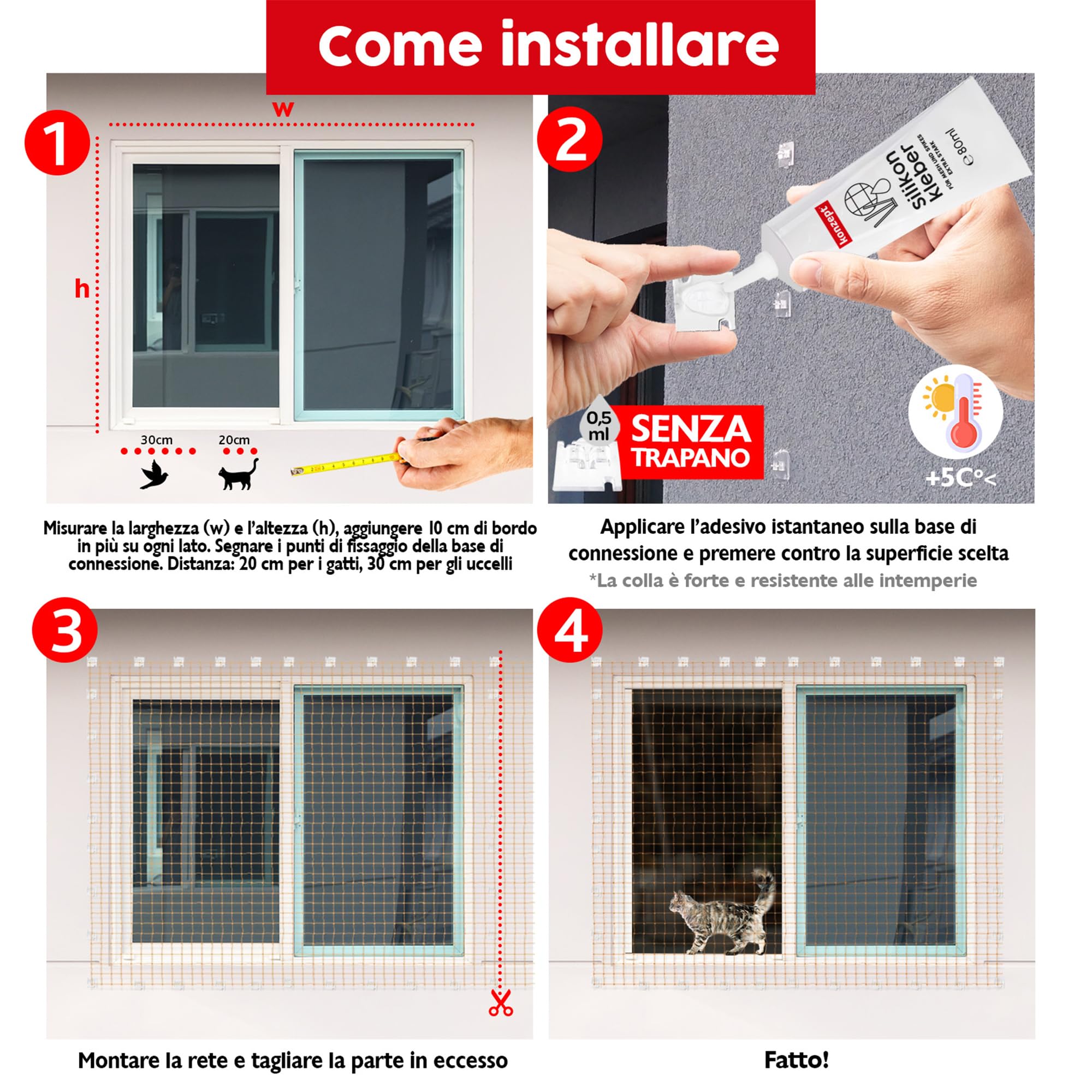 50 pezzi di ganci adesivi con 30ml di colla per montaggio, extra resistenti, per rete per gatti sul balcone – senza forare, trasparenti, resistenti agli agenti atmosferici, montaggio facile e veloce