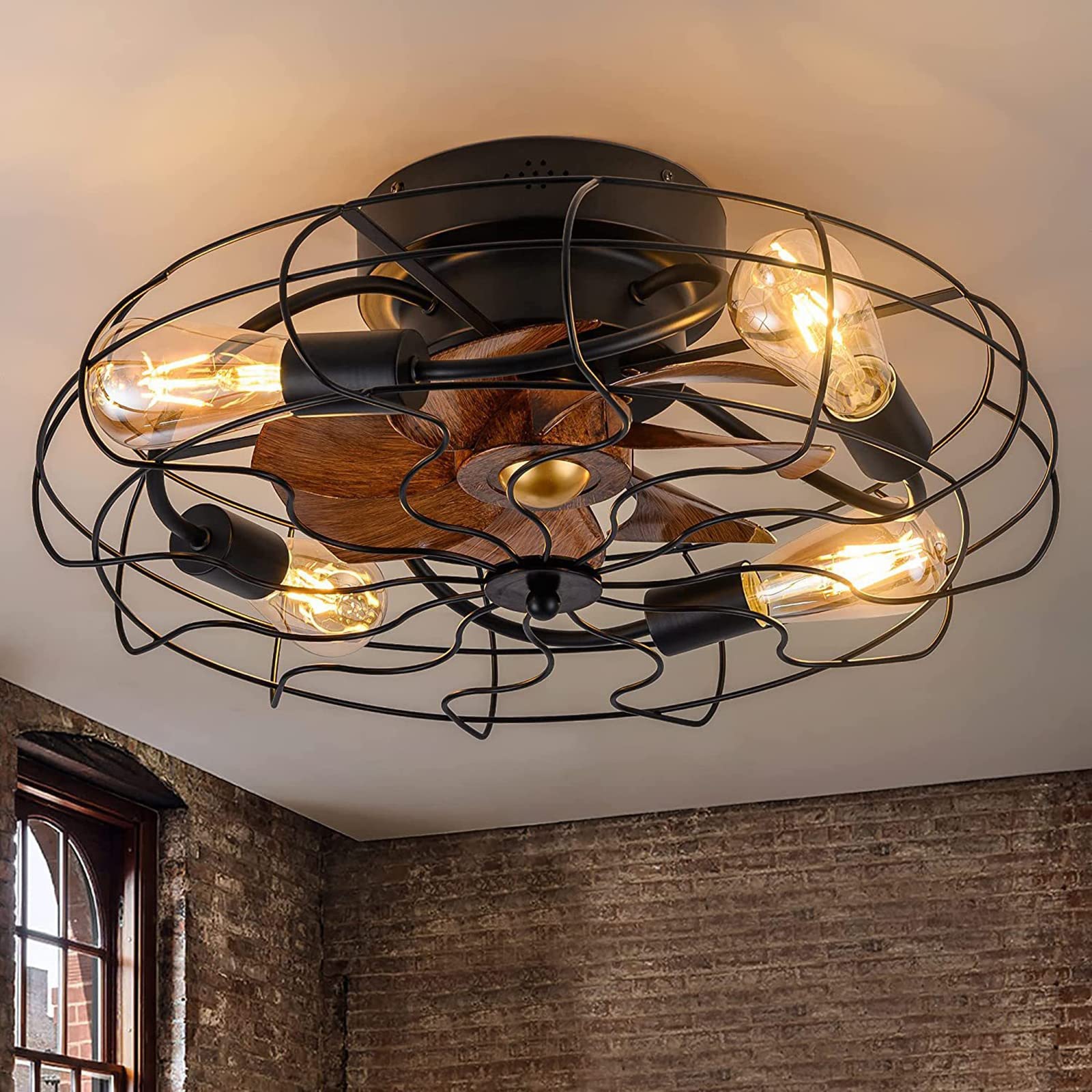 Luyaim Caged Ceiling Fan with Light,Industrial Bladeless Ceiling Fan with Lights, Farmhouse Cage Fandelier with Remote Control, Vintage Indoor Black Chandelier Fan for Living Room Dining Room