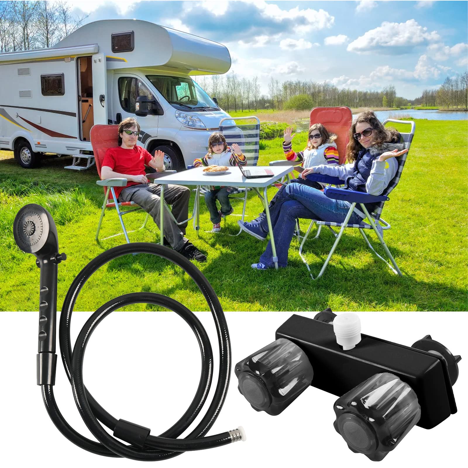 kingsea Pommeau de douche pour camping-car avec tuyau et robinet de douche pour camping-car, bateau, non métallique - Noir