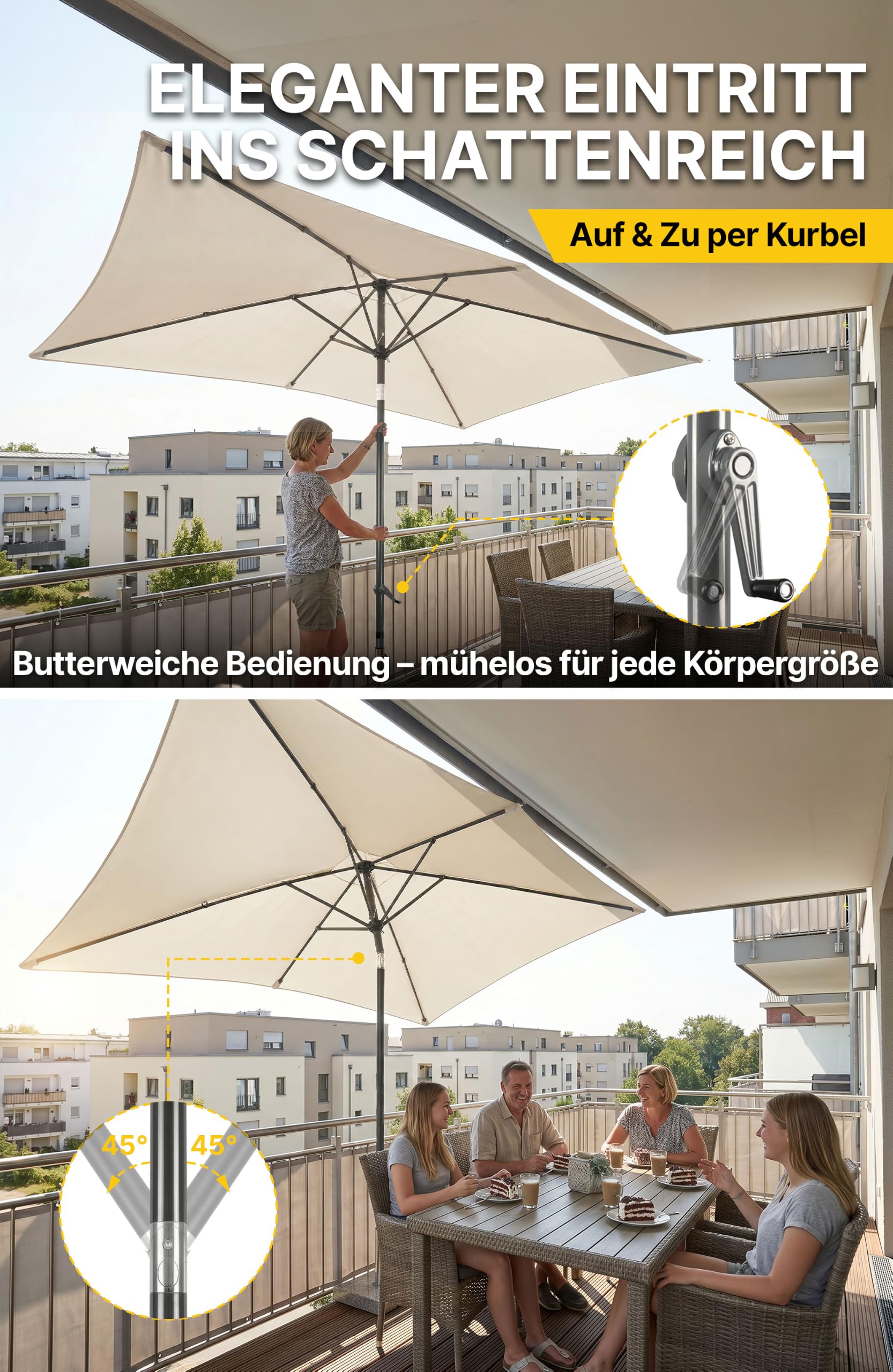 4smile Sonnenschirm Balkon mit Kurbel, Sonnenschirm rechteckig 300x200 cm | UV 50+ Sonnenschutz Balkon, knickbarer Balkonschirm für Terrasse & Garten, inkl. Schutzhülle, Beige