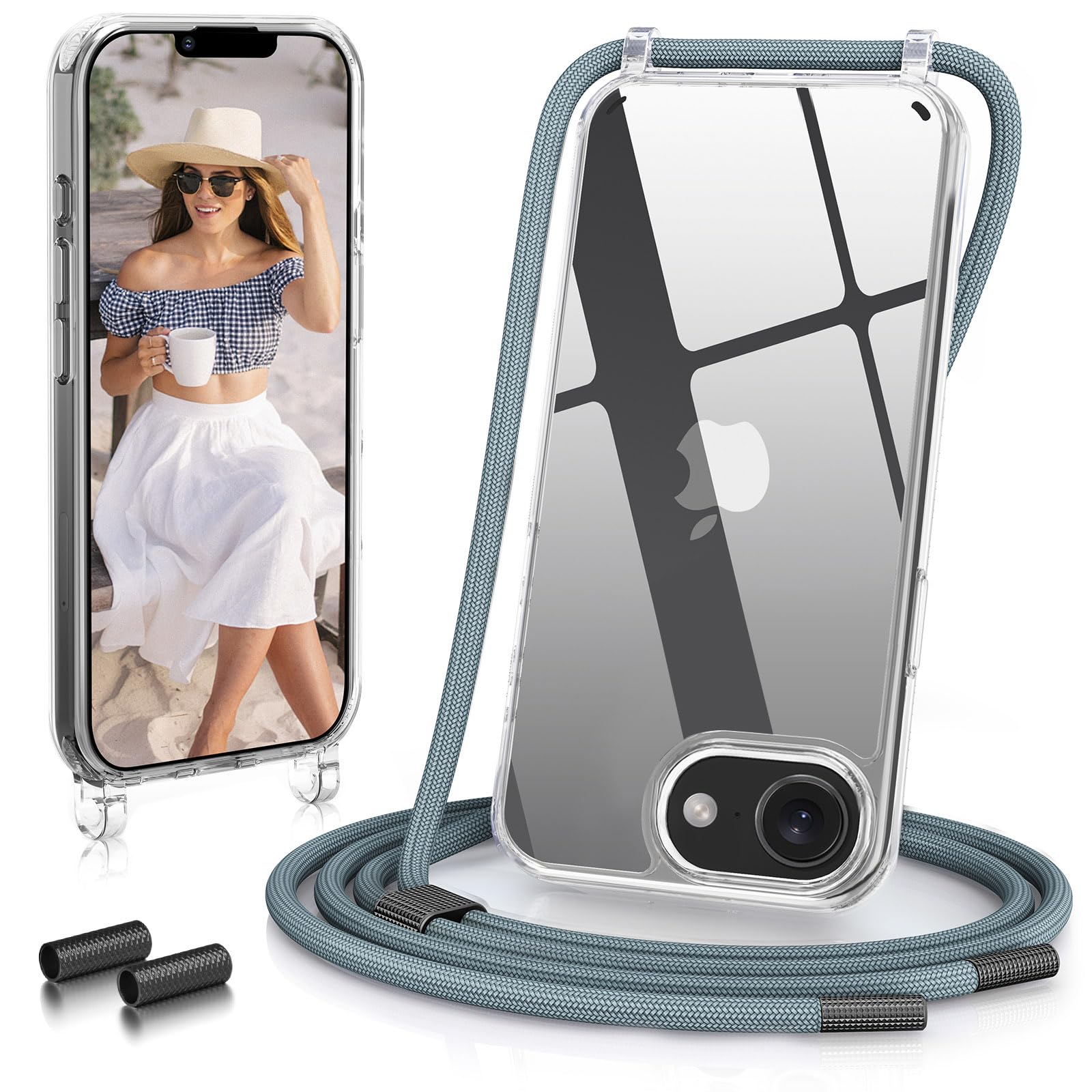 GOODVISH Cover Trasparente con Cordino per iPhone 16e, Custodia con Regolabile Collana per iPhone 16e 6.1", [Antiurto] [AntiGraffio] [Antiscivolo] Case con Laccio Tracolla, Pino Verde