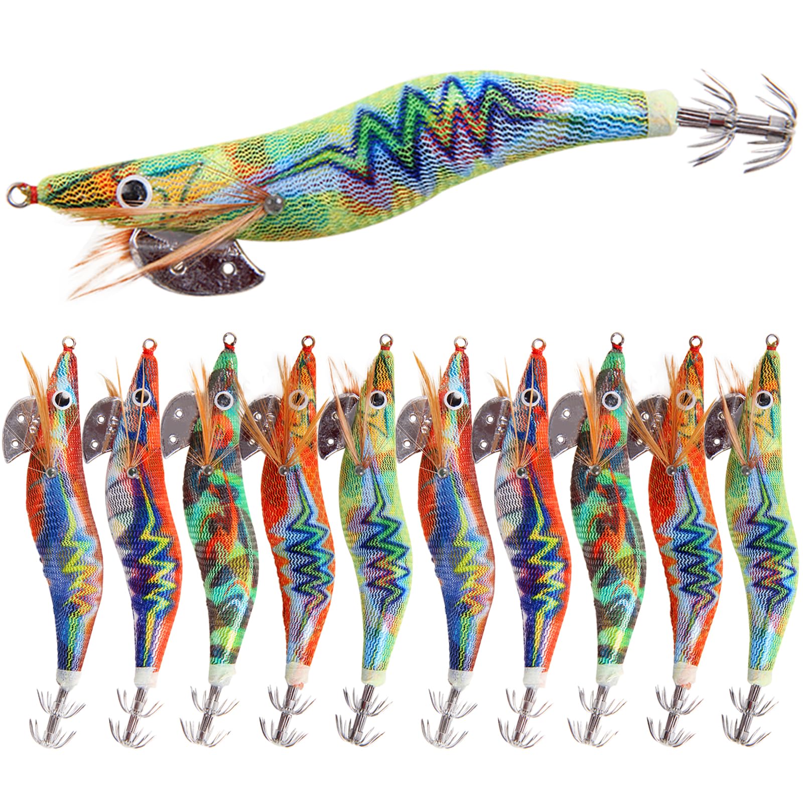 Squid Jig Fishing Lures Luminous Hard Shrimp Lure Saltwater Squid Jig Hooks Glow Bait Prawn Octopus Cuttlefish Sea Fishing Lures Kit (2.5#(10cm), 10pcs)