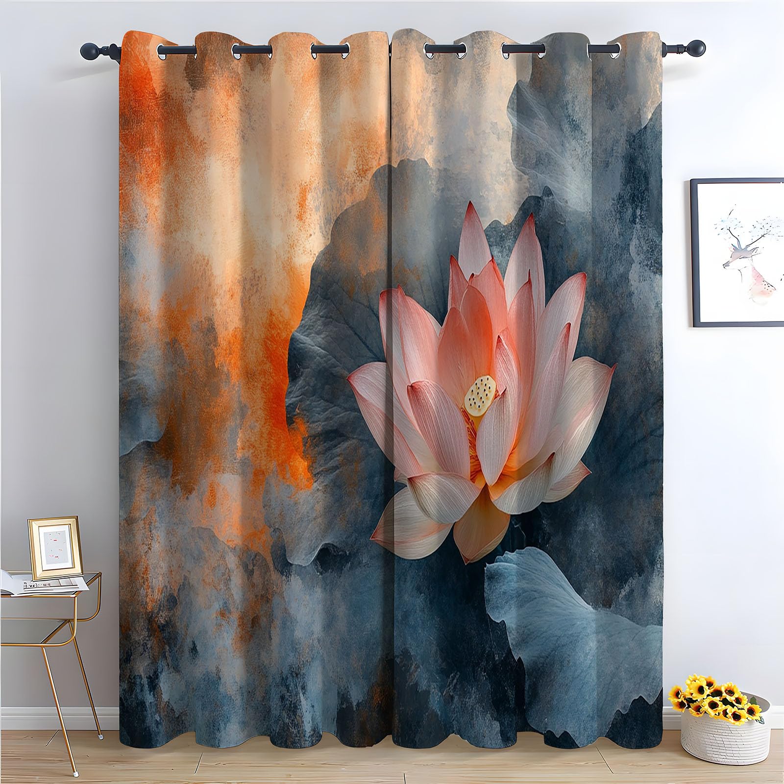 TERUEA Picture Curtains Anti Mould Proof Resistant Vintage pink flower orange grey mist Curtains Mould Proof Resistant-52 W x 72" L (Pack of 2)