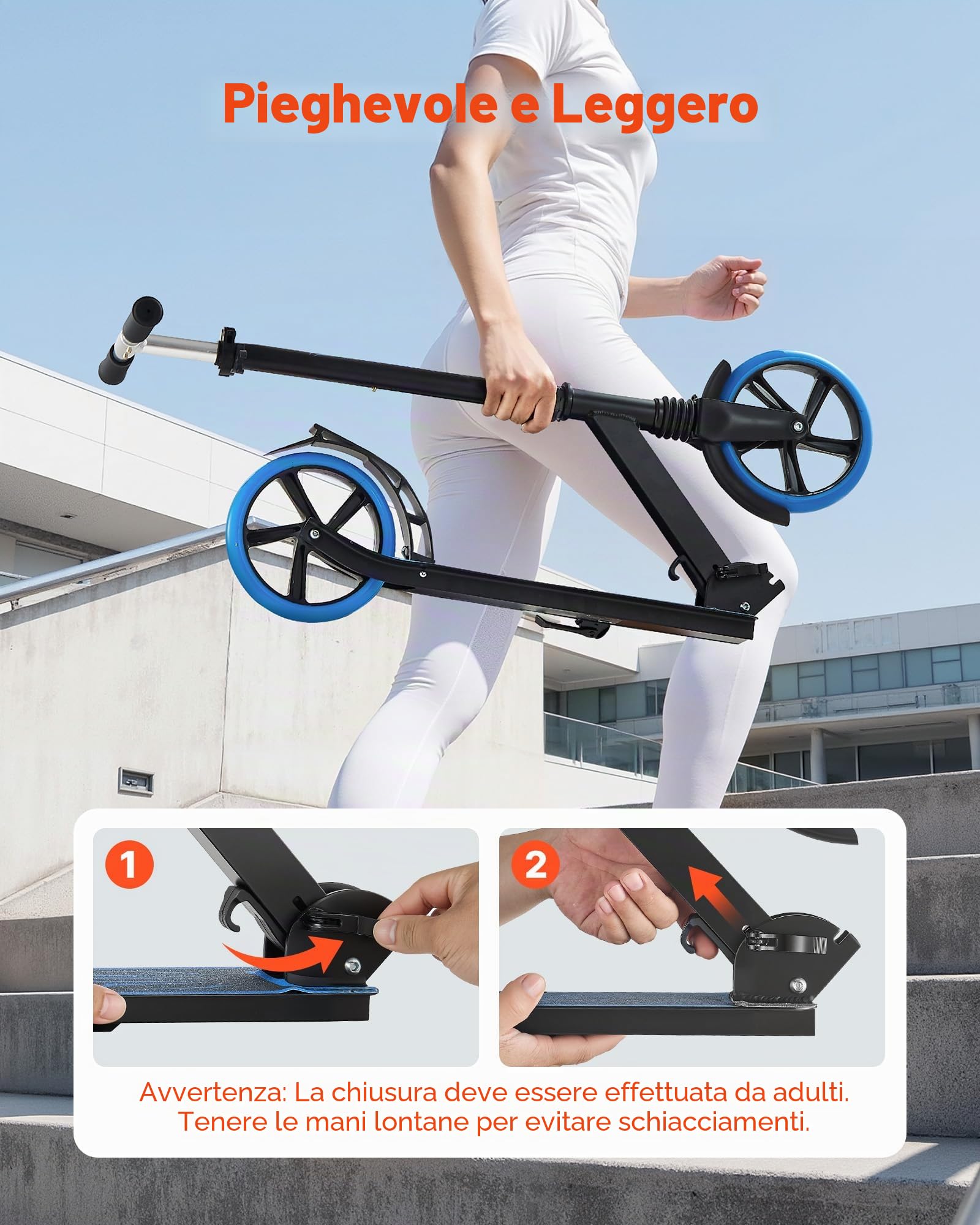 VEVOR Monopattino con 2 Ruote per Bambini da 8 Anni, Monopattino Pieghevole per Mobilità Urbana Carico max. 100kg Altezza Regolabile a 3 Livelli, Pedana Antiscivolo e Freno a Pedale, Blu
