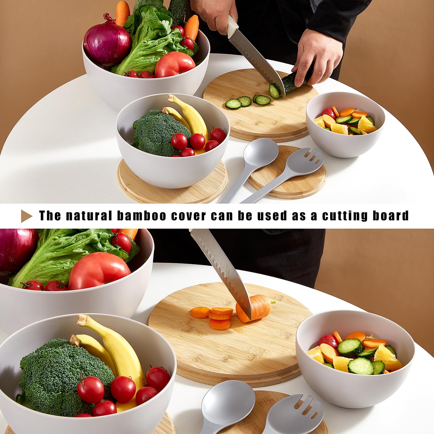 ECOWAY Juego de 3 cuencos de ensalada con tapa y utensilios para servir, juego de cuencos grandes de fibra de bambú para servir y juego de almacenamiento con tapa de bambú para ensalada, cocina,