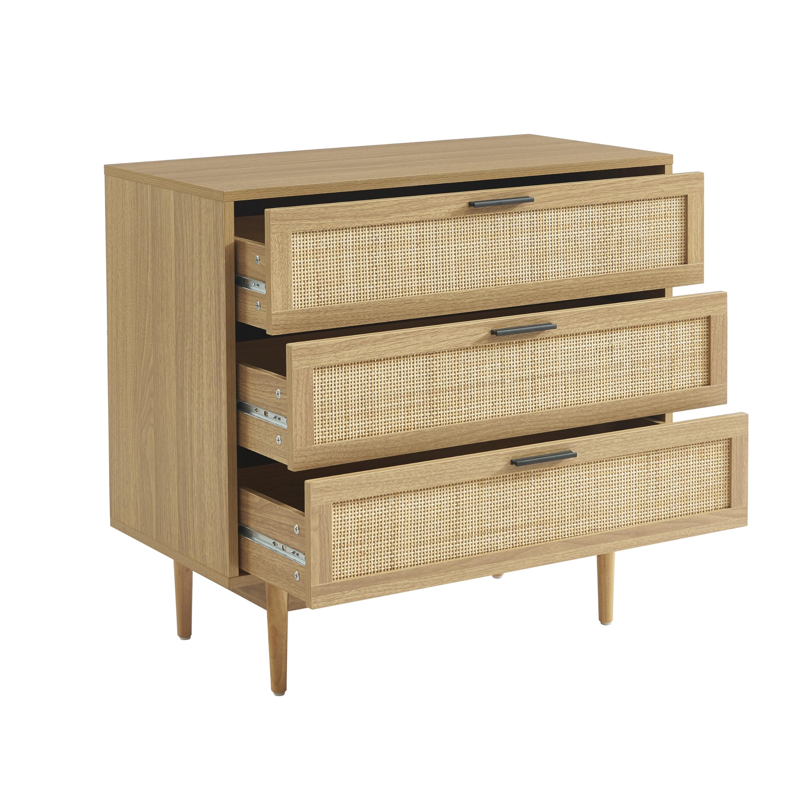 BAÏTA Commode Amana Effet chêne et cannage rotin 3 tiroirs 80cm