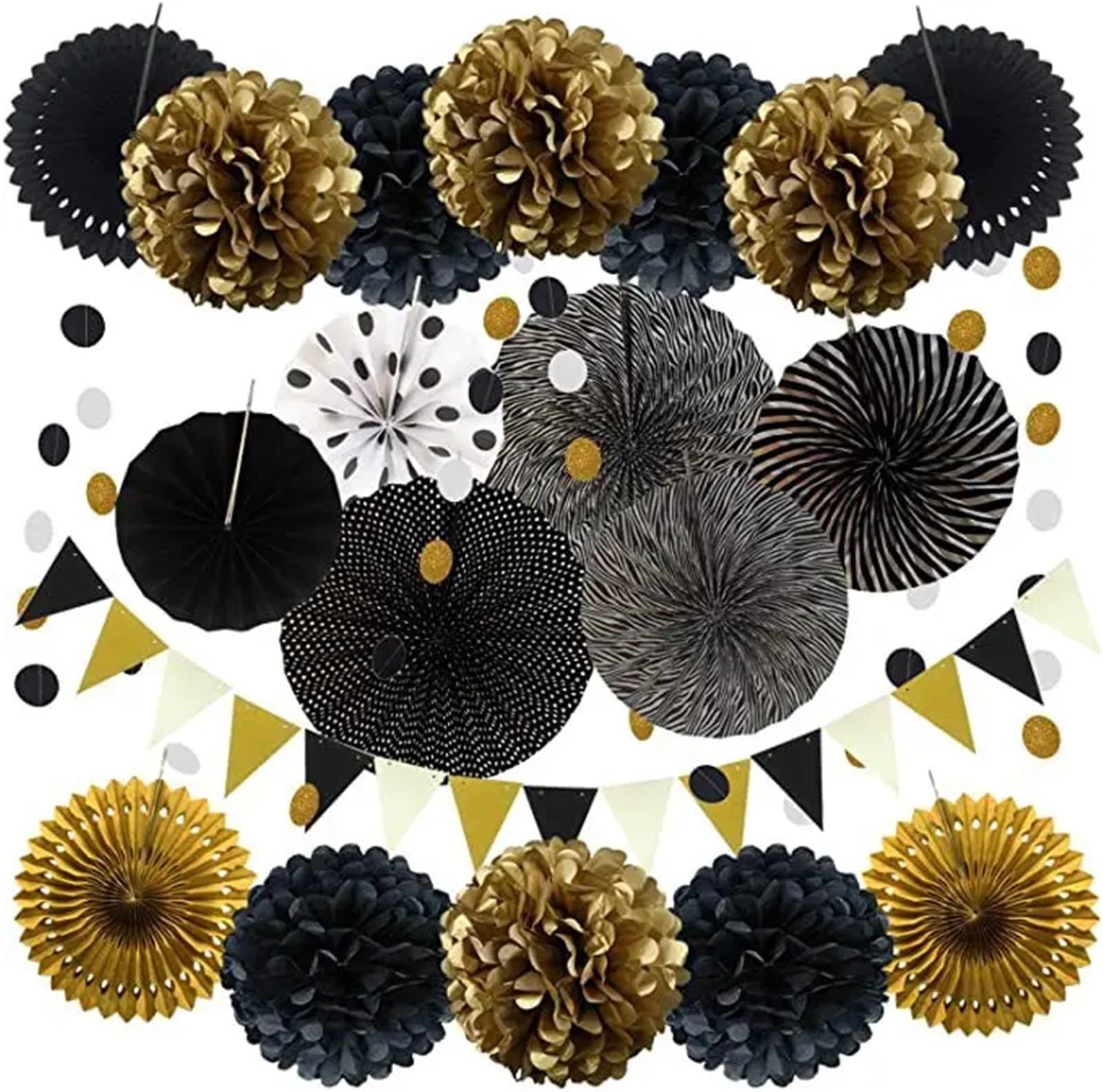 Paper Pom Poms 20pcs Cut-Out Paper Fan Pinwheels Hanging Crafts Tissue Pom Poms Flower Ball Lantern Wedding Birthday Party(Black)