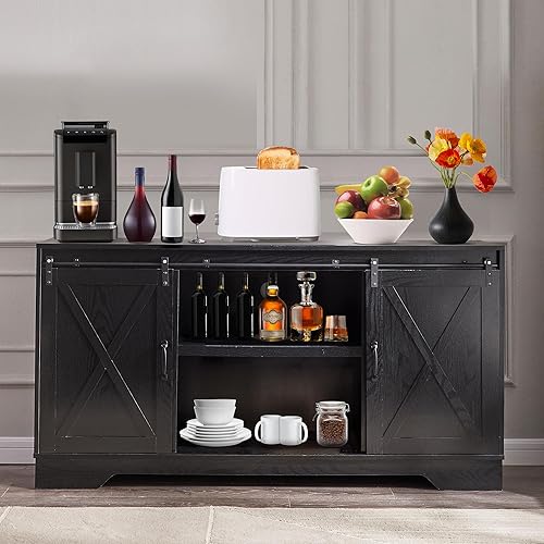 Armario de barra de café de granja de 60 pulgadas con estantes ajustables, aparador de puerta corrediza de granero, armario de bufé de madera de 31