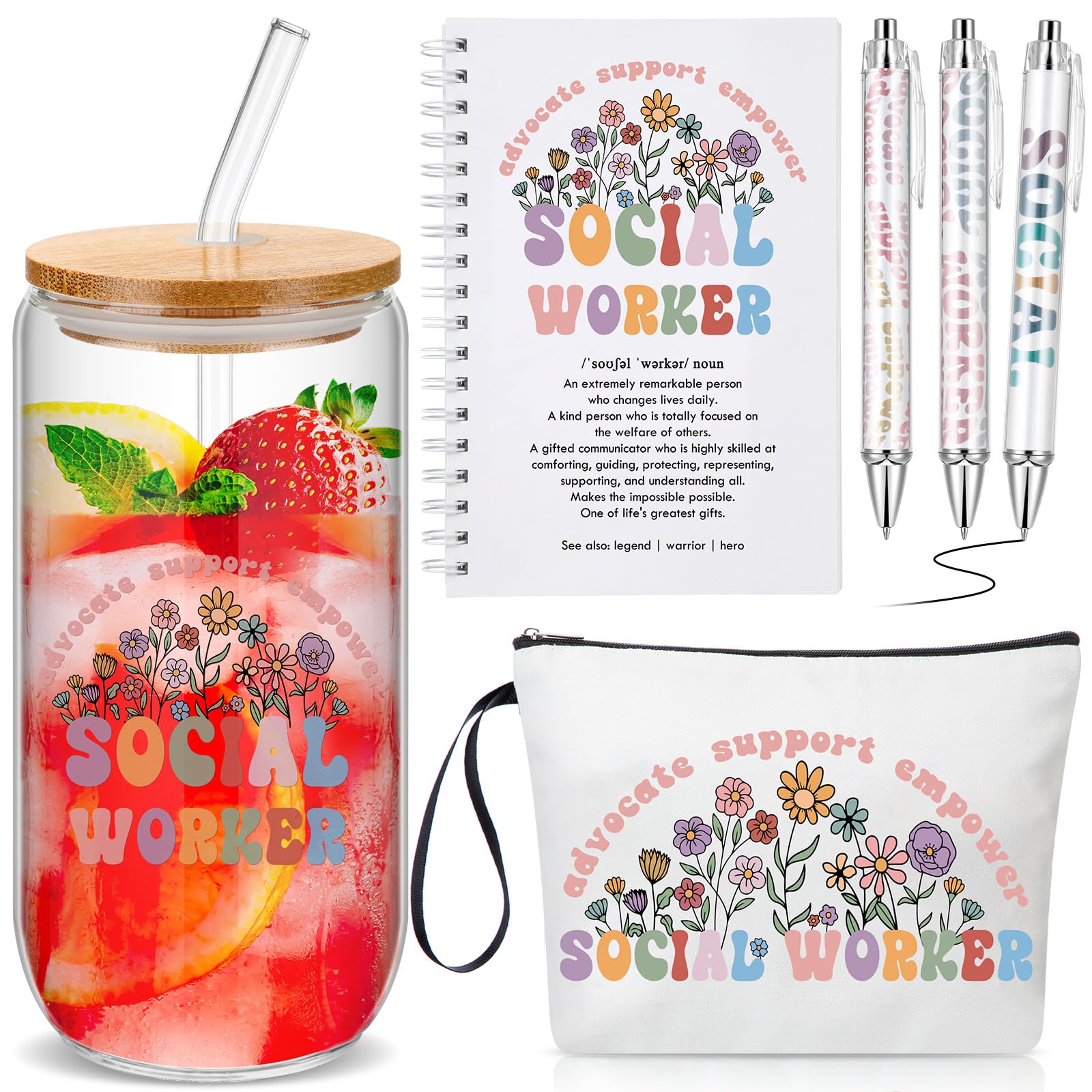 Maitys 6 Pcs Social Worker Graduation Gifts for MSW BSW DSW PhD Social Work Gifts Makeup Bag 17 oz Glass Cup with Lid and Straw Spiral Journal with 3