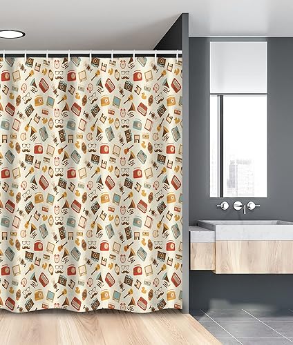 Ambesonne Vintage Stall Shower Curtain, Retro Pattern Old Fashioned Alarm Clock Typewriter Gramophone Radio Cassette, Fabric Bathroom Decor Set with