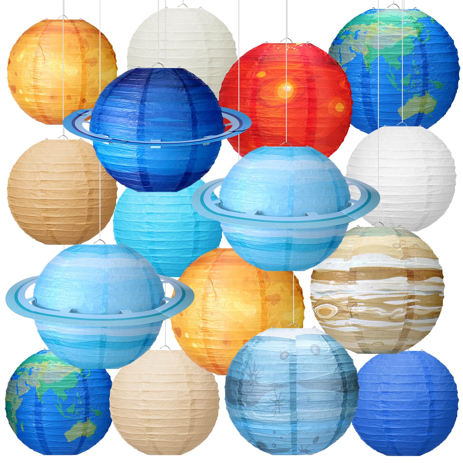 Bencailor 16 Pcs Planet Paper Lanterns Space Party Decorations Globe Hanging Lanterns Around The World Earth Day Travel Paper Lamp for Birthday Classroom Decorations(Blue)