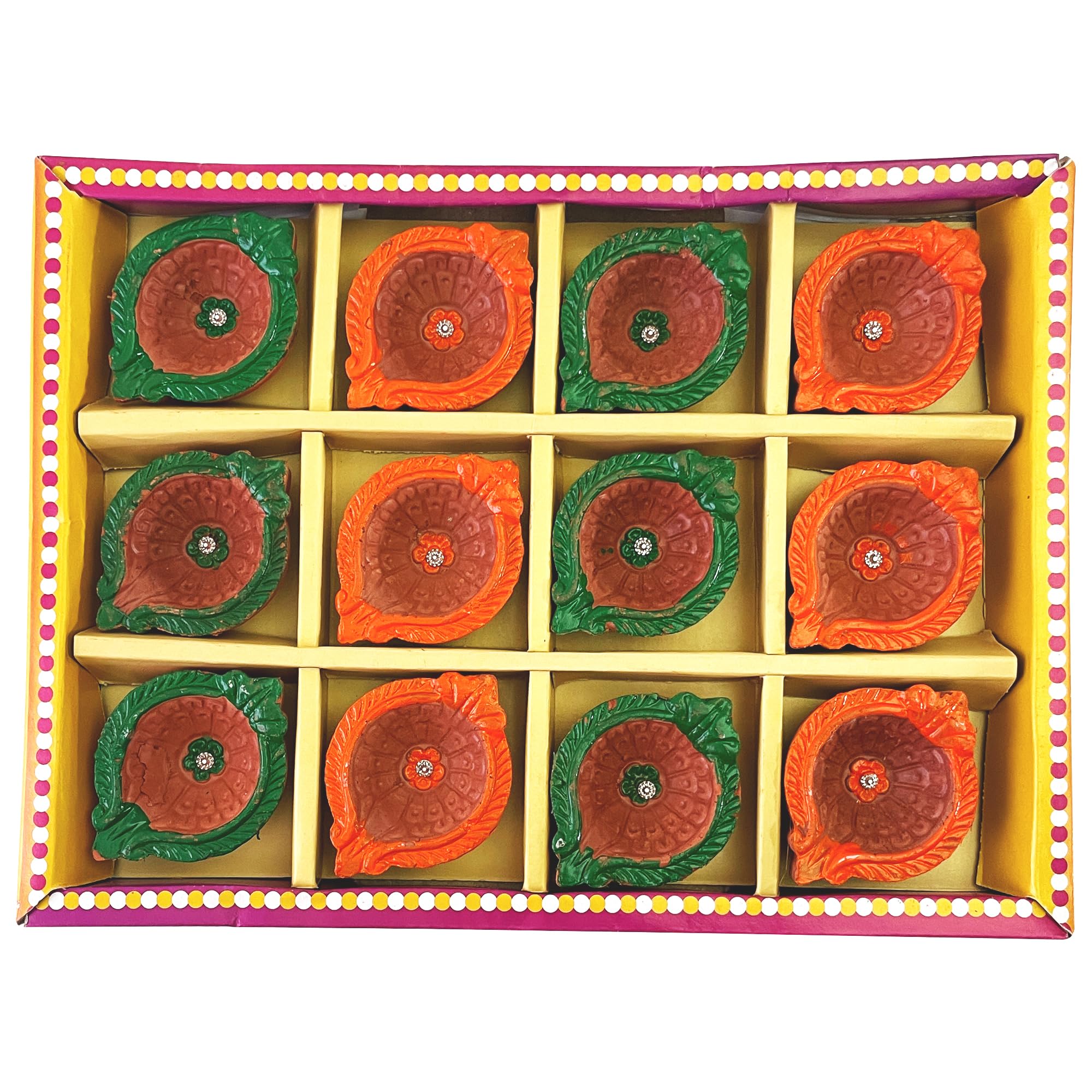KSJONE Clay 12 Diyas Diya Deepak Earthen Assorted Colorful Set - Diwali Decoration Puja - Handpainted Diya for Home Indoor Outdoor Diwali Design Handmade Mix Color with Cotton Wicks