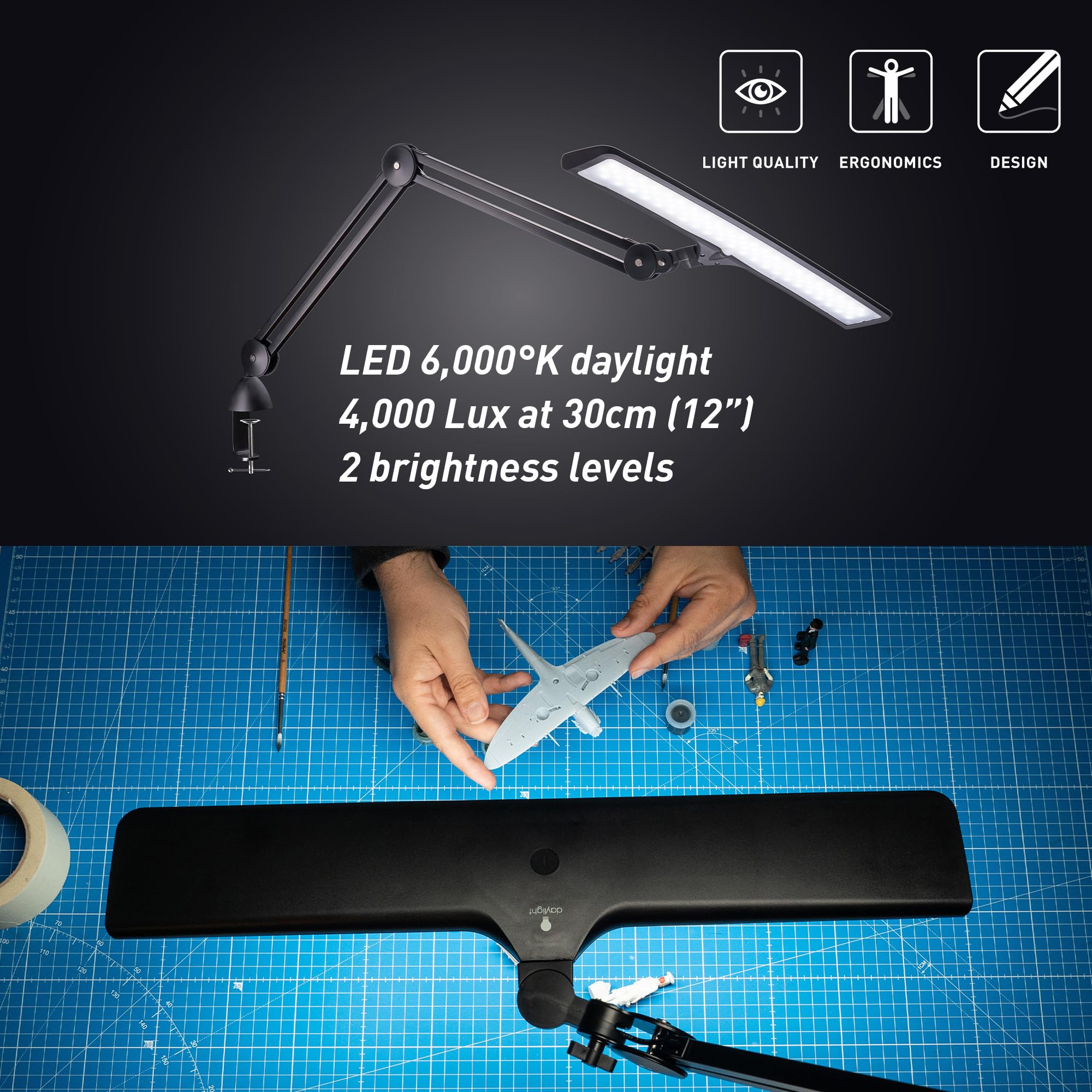 Daylight Lumi – Lámpara de Escritorio LED – 3800 Lux, 6000K, IRC 95+, Luz de Trabajo Ajustable para Lectura, Manualidades y Oficina, Lámpara Protección Visual, Negro