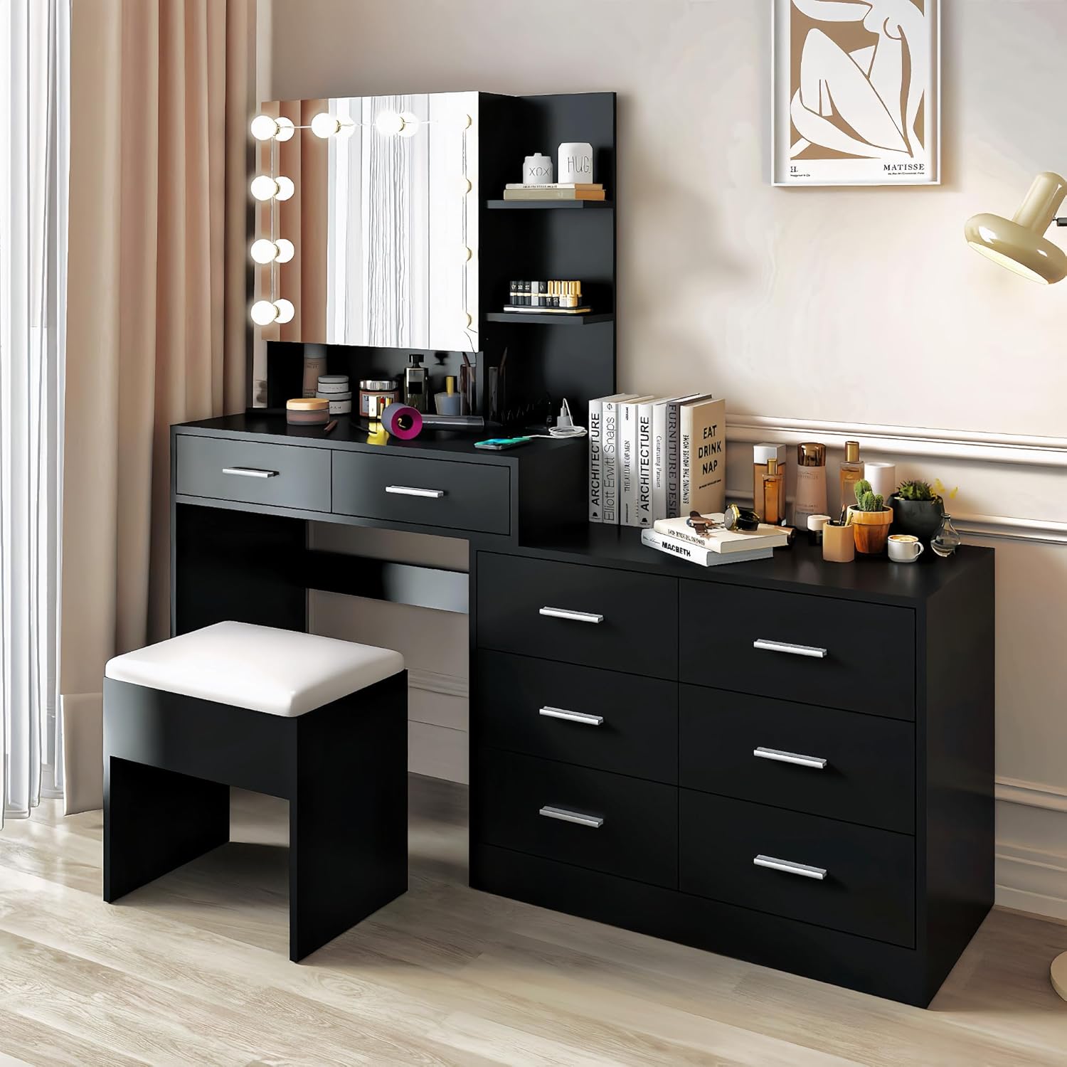 VINGLI 59'' Vanity Set with Lights & Mirror, Large Makeup Set with 8 Drawers & 2 Shelves & 1 Mirror Cabinet & Lights in 3 Colors & Power Outlets for Dressing Room Bedroom, Black