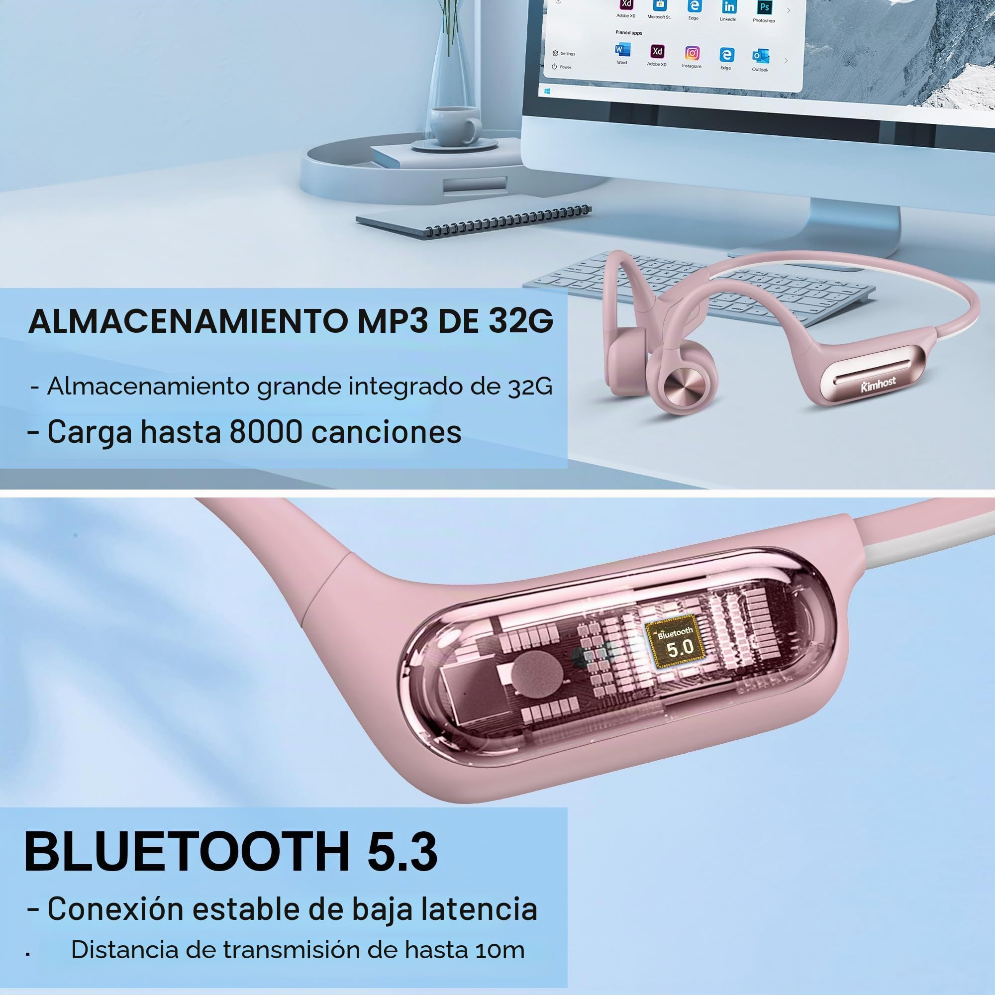 Casco Conducción Ósea para Natación, Auriculares Open Ear Bluetooth 5.3 IP68 Impermeables, Memoria MP3 32G, para Deporte, Natación, Ciclismo, Correr (Rosa)