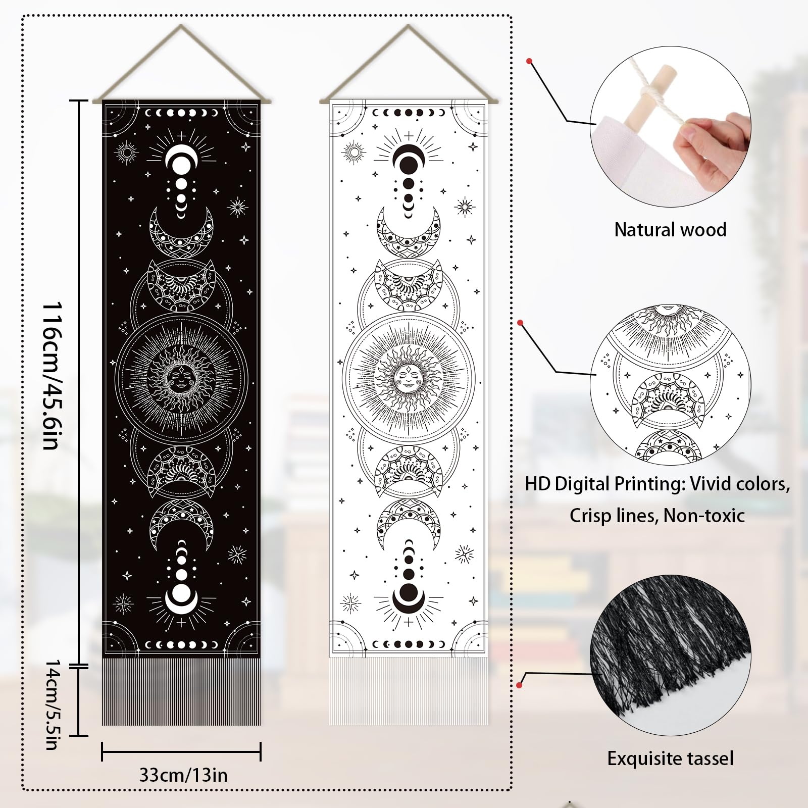 SUPERDANT Moon Phase Tapestry Moon Face Wall Blanket Pack of 2 Tapestries Sun Stars Long Tapestry Walls Hanging with Tassel for Bedroom Living Room Porch Home Decor 130x33cm - Image 3