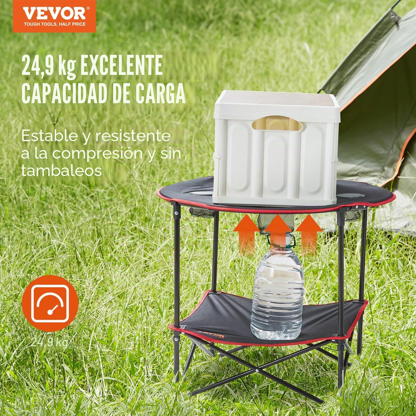 VEVOR Mesa de Camping 72x72x61 cm Carga de 25 kg Mesa Plegable Portátil para Exteriores Bandeja Ligera en Tejido Oxford 600D Estructura de Acero con Bolsa de Transporte para Playa Pícnic Barbacoa