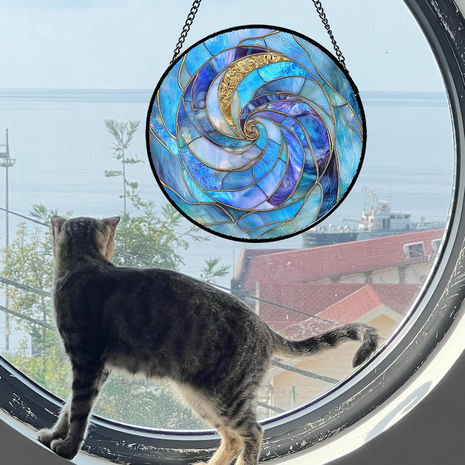 Stained Glass Window Hanging Blue-Purple Gradient Spiral Large 11.8" - Suncatcher Door Garden Sunroom Sun Catcher Home Decor Housewarming Birthday for Mom Grandma Men Woman