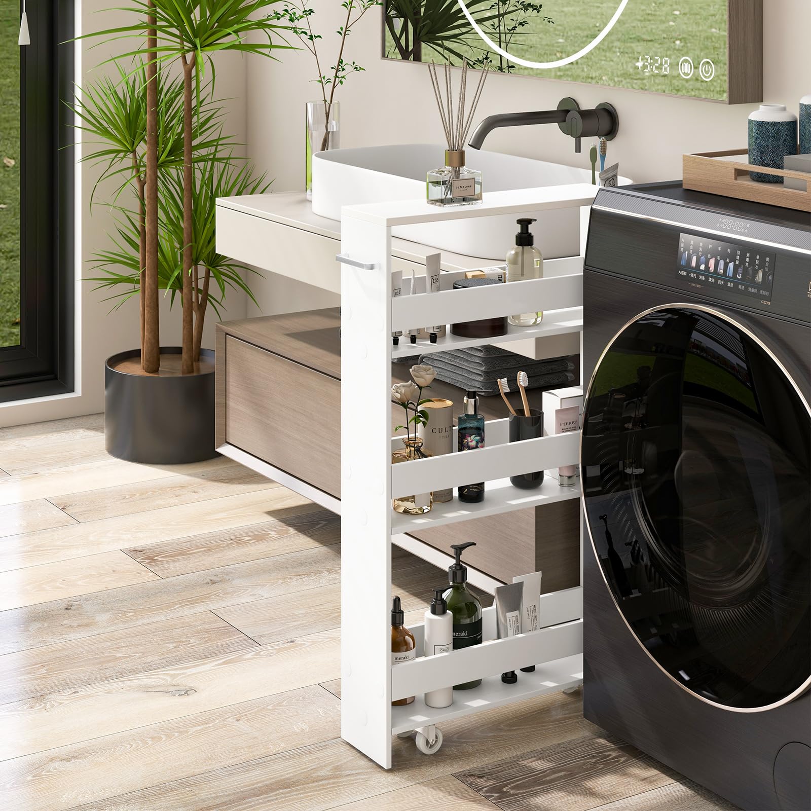 GYMAX Carrelli Portaoggetti a 4 Ripiani, Carrello con Ruote Salvaspazio con Maniglia, Carrello a Scaffale Slim Stretto in Legno per Cucina, Bagno, Lavanderia, 47,5 x 13 x 80,5 cm (Bianco)