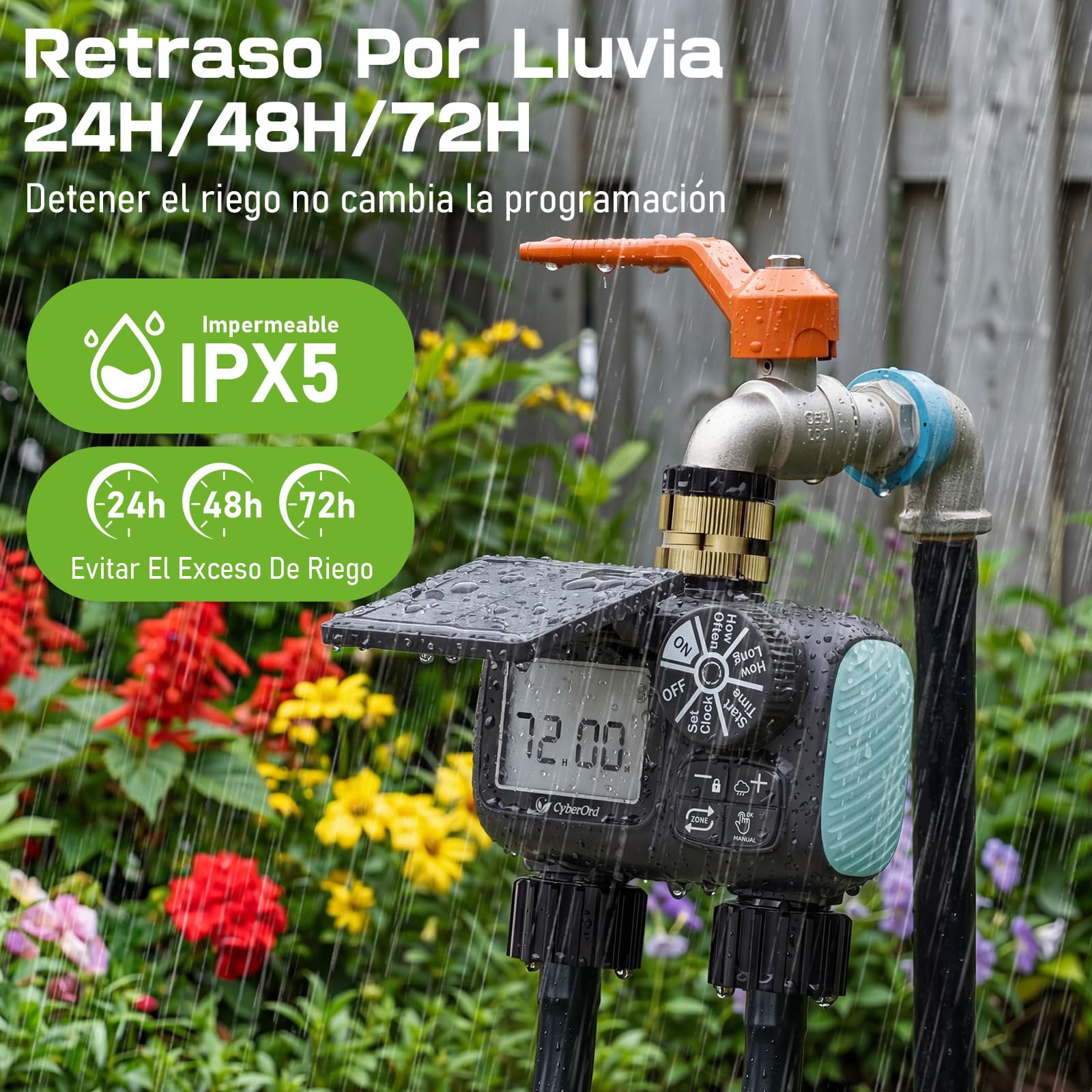Programador de Riego Solar CyberOrd de 2 Zonas, Temporizador de Riego con Carga Solar, Sistema de Riego Automático con Modos Automático/Manual/Retraso por Lluvia para Césped/Ppatio/Jardín