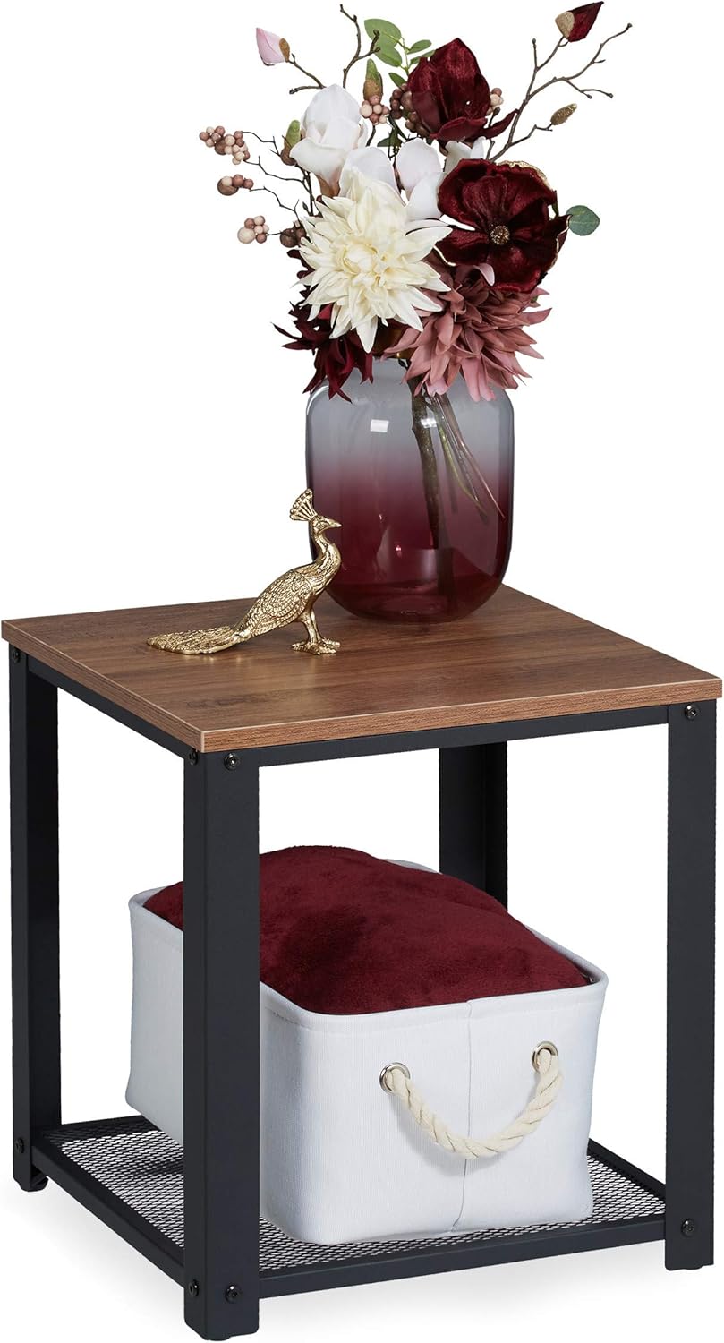 Relaxdays Mesa Auxiliar Industrial Cuadrada, Balda de Rejilla, Acero-PB, 1 Ud, 44 x 40 x 40 cm, Negro y Marrón