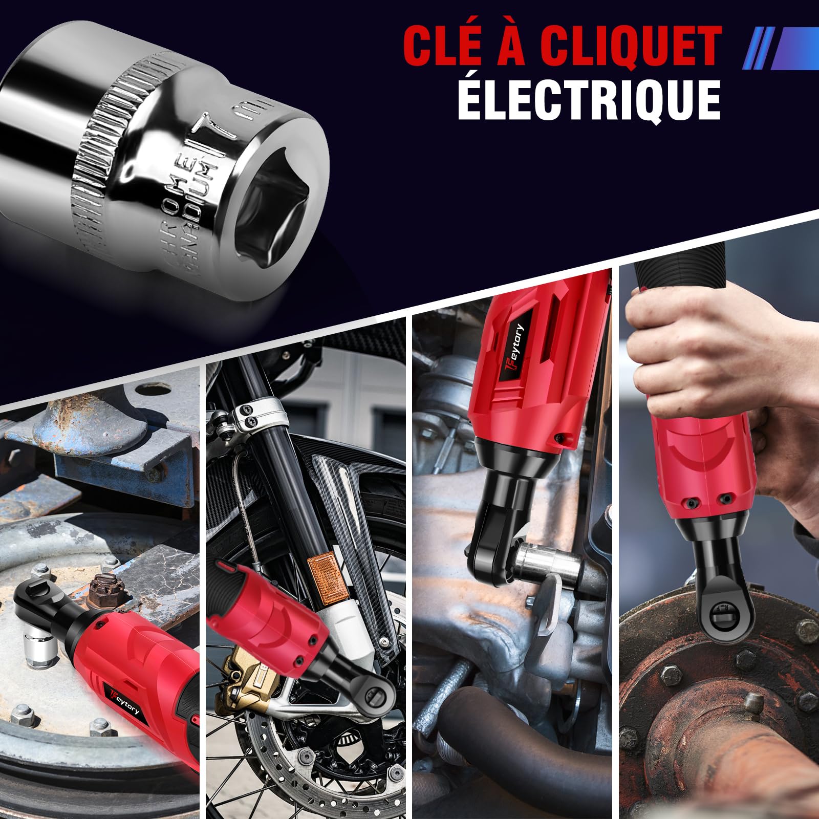 Clé à Cliquet Sans Fil 3/8'', Trousse à outils pour clé à angle droit 90°, 12V Électrique cliquet Clé avec lampe de travail à LED, 300RPM 40Nm Clé à cliquet, 2x1,5Ah batteries Charge rapide, 7 prises