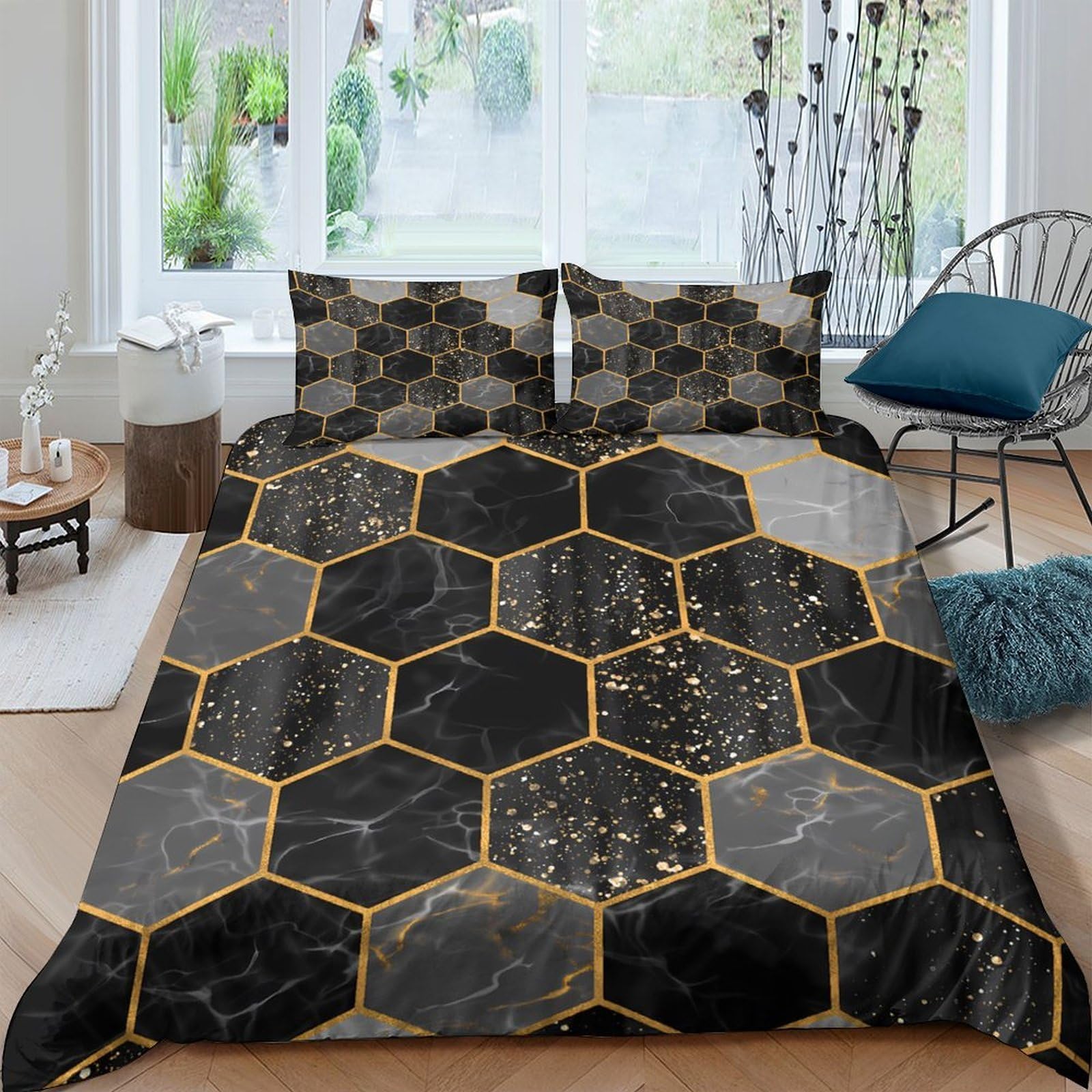 TUFRTGYHN 3D Printed Black Gold Hexagon Duvet Cover Microfiber Soft Breathable Marble Quilt Cover Set with 2 Pillowcases for Bedroom Decor Single（135x200cm）