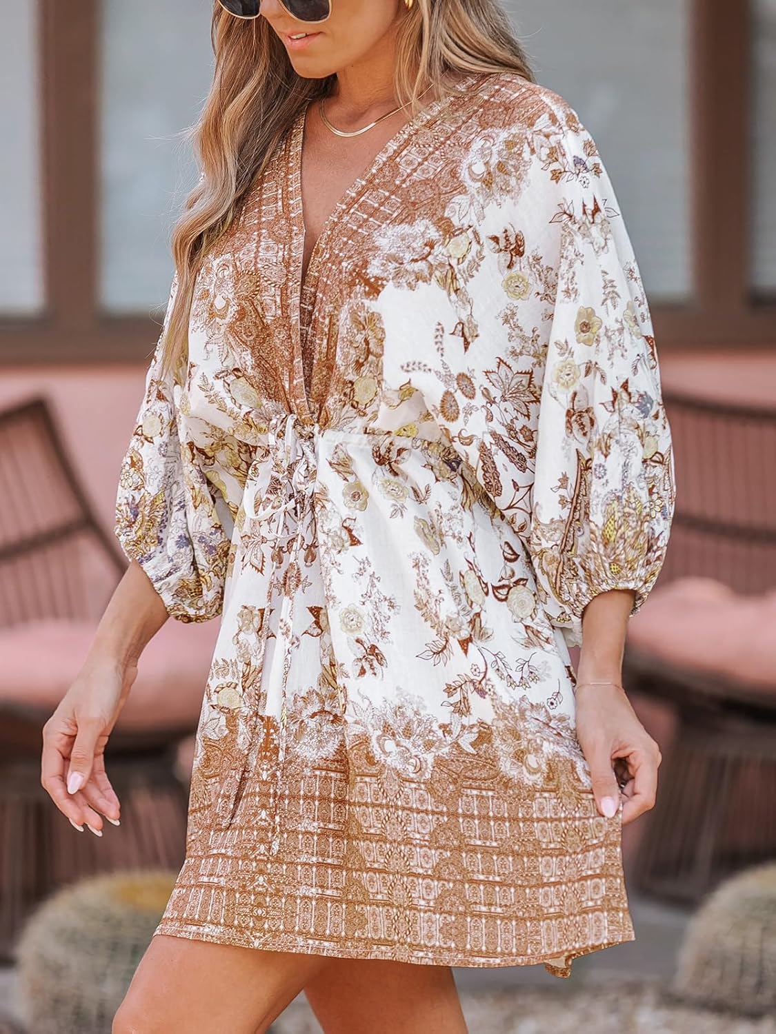 CUPSHE Women's Plunging V Neck Backless Beach Dress Paisley Boho Blouson Sleeve Back Tie Waist Tie Mini Summer Dresses - Image 3