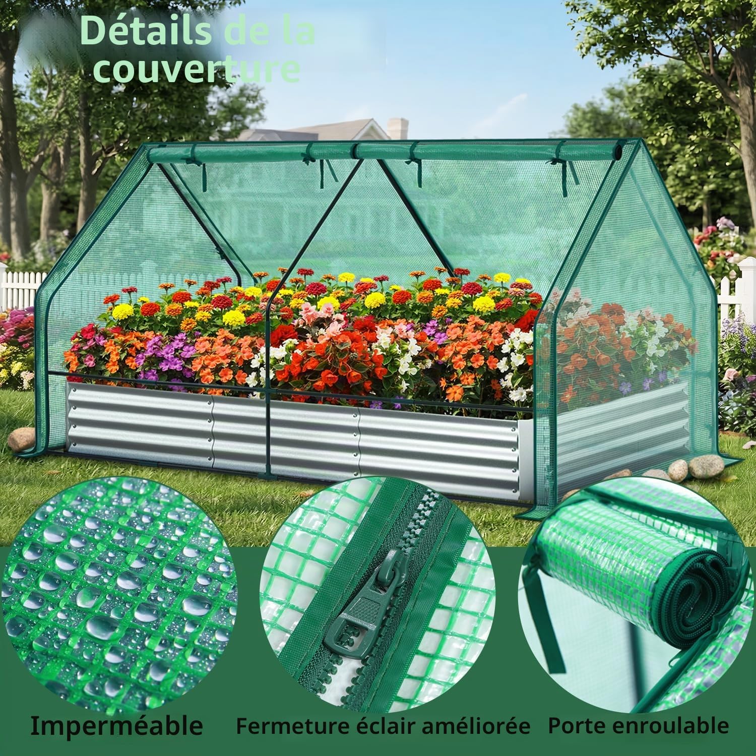 Ohuhu Potager surélevé métallique 3 en 1avec Serre 240x120x30 cm, bac de Culture en Acier galvanisé avec Serre à 4 Portes, kit Complet pour Jardin, Balcon, légumes et aromates