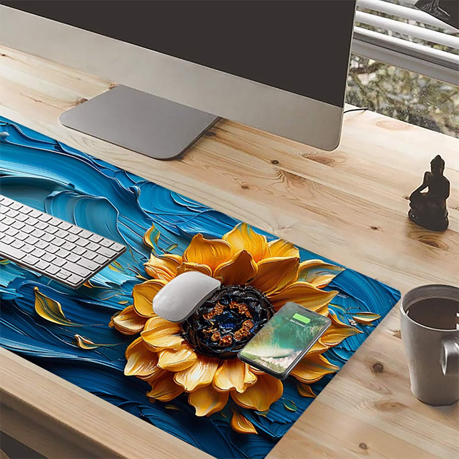 Girasol Alfombrilla Ratón Gaming XXL 1500x800x3mm, Alfombrilla Gaming Amarillo Mousepad con Base de Goma Antideslizante, Impermeable Desk Mat para Teclado y Raton, Accesorios Gaming, Regalos O-I