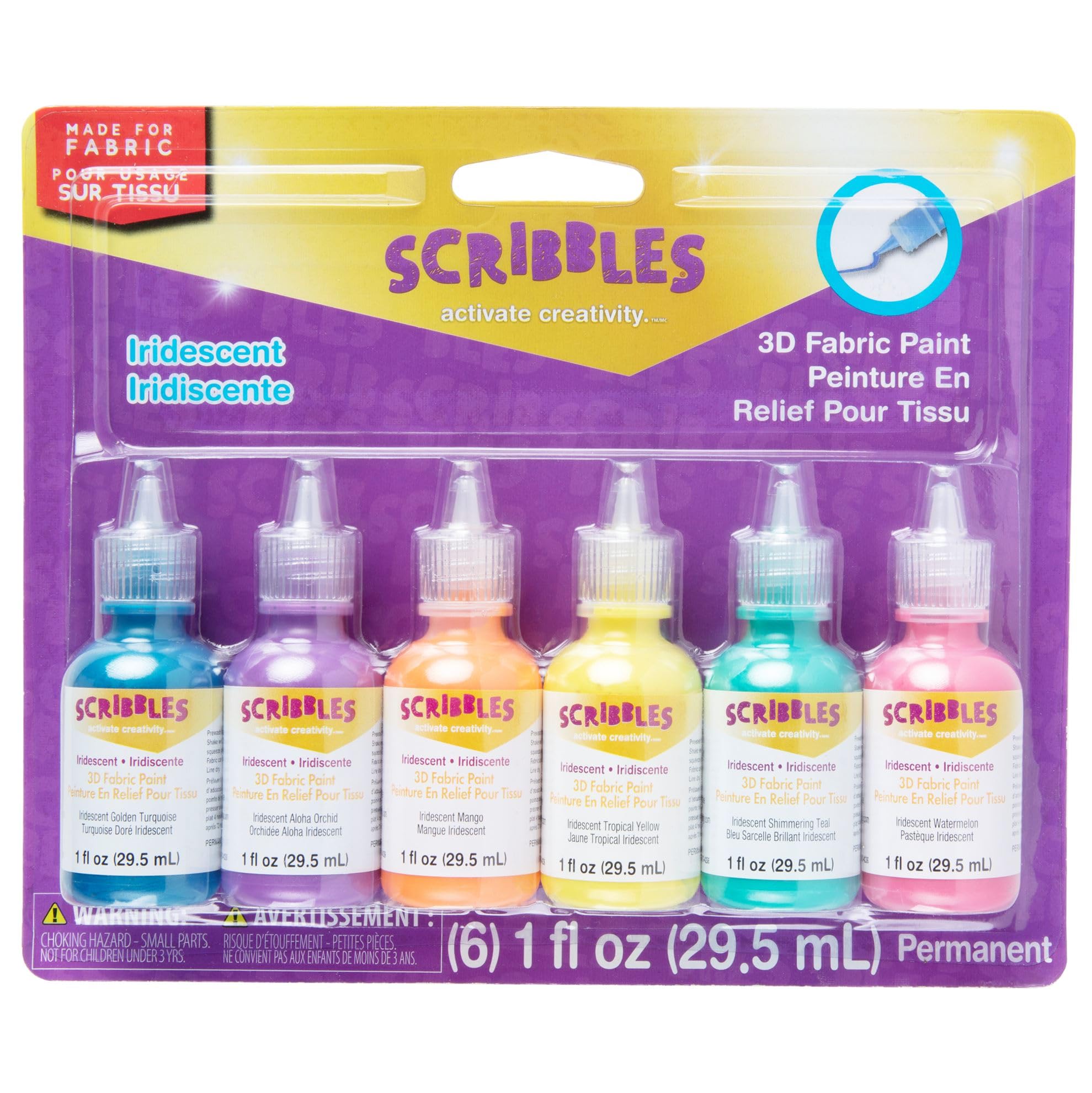 SCRIBBLES 18536 Dimensional Fabric Paint, Iridescent, 6-Pack, 1 oz