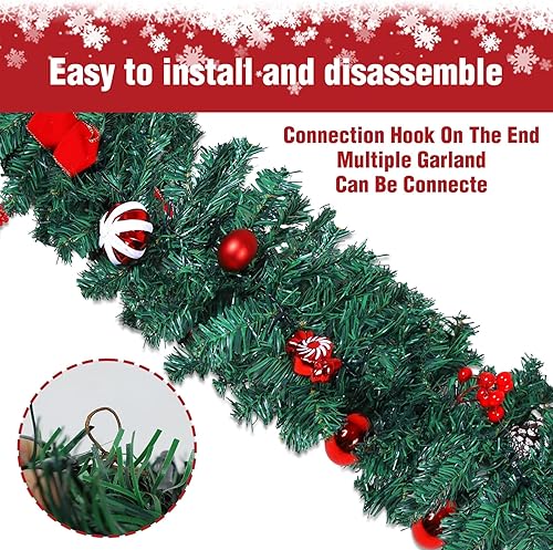 Miniatura 3 de MorTime Paquete de 2 guirnaldas LED de Navidad de 9 pies con piñas y bayas rojas, bolas de Navidad, guirnalda de Navidad multifunción con 50 luces