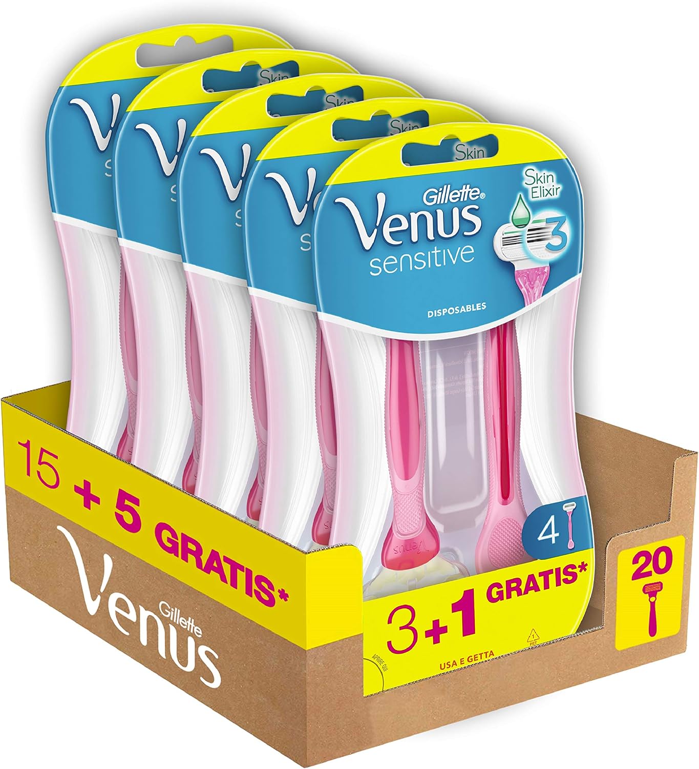 Gillette Venus Sensitive Women's Razor 3 + 1 Razor Pack of 20 Razor Blades 3 Blades Smooth Shaving with Moisturizing Disposable Strips Gift Idea