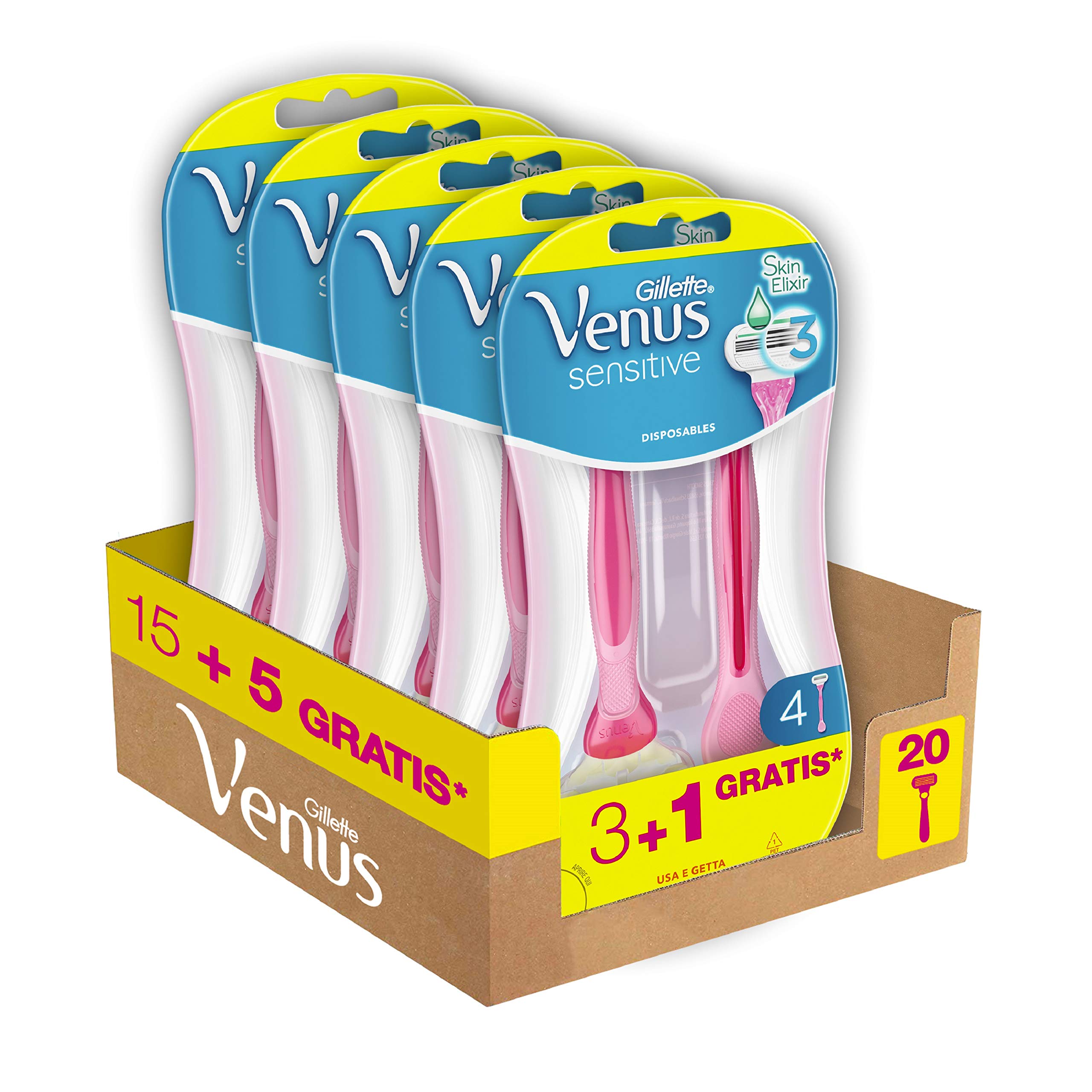 Gillette Venus Sensitive golarka damska, 3 + 1 golarka, opakowanie z 20 ostrzami (3 ostrza), gładkie golenie z nawilżającymi jednorazowymi paskami, pomysł na prezent
