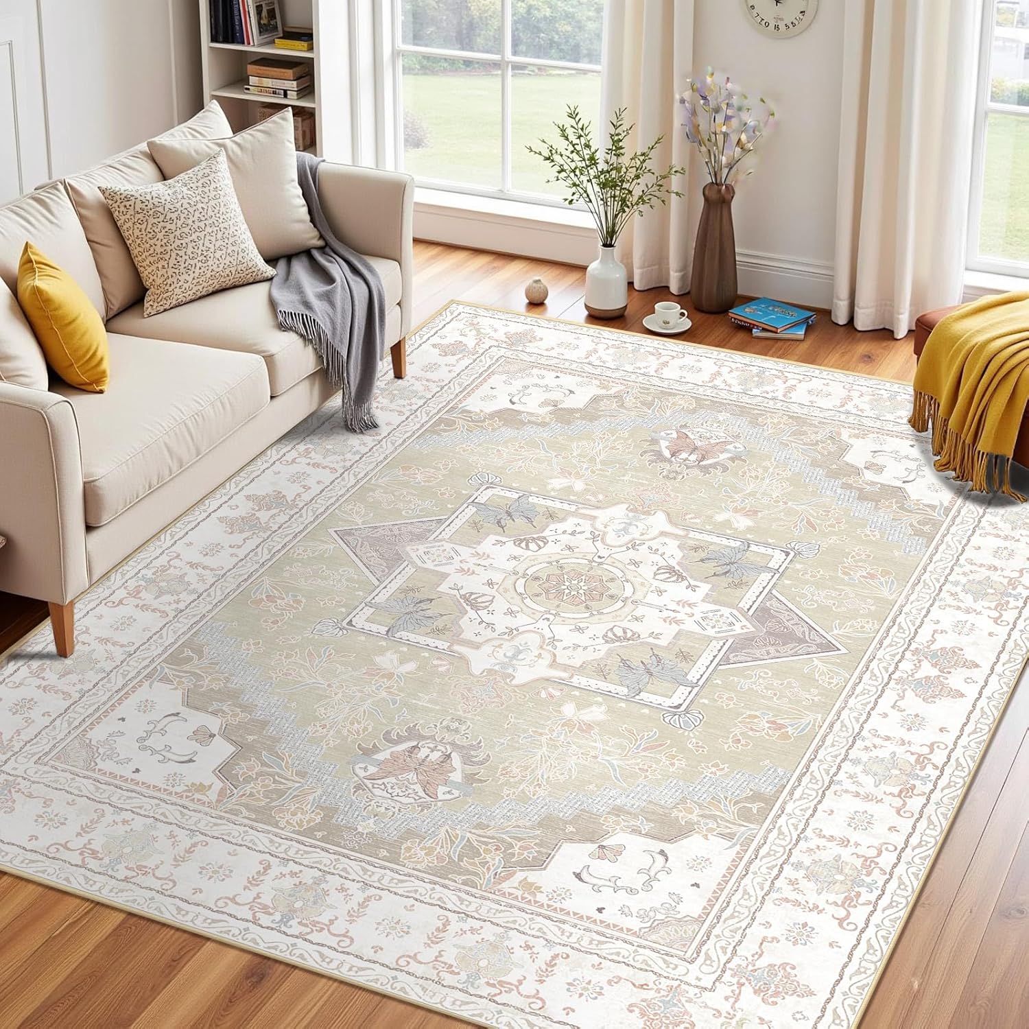 Area Rugs 5×7, Washable Rugs for Living Room, Non-Slip Rug, Boho Medallion Rug, Distressed Carpet, Low Pile Boho Rugs for Bedroom Dining Room