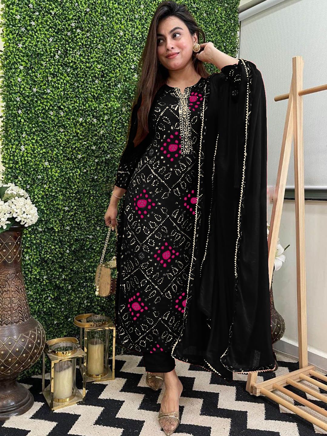GoSriKi Women's Rayon Blend Straight Bandhej Printed Kurta with Pant & Dupatta (Turae Black-GS_3XL_Black_XXX-Large) - Image 3 thumbnail