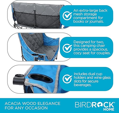 Miniatura 7 de BIRDROCK HOME Silla doble de camping  Doble vino y portavasos  Azul y gris, tela acolchada duradera, marco resistente, tapa de 650 libras.