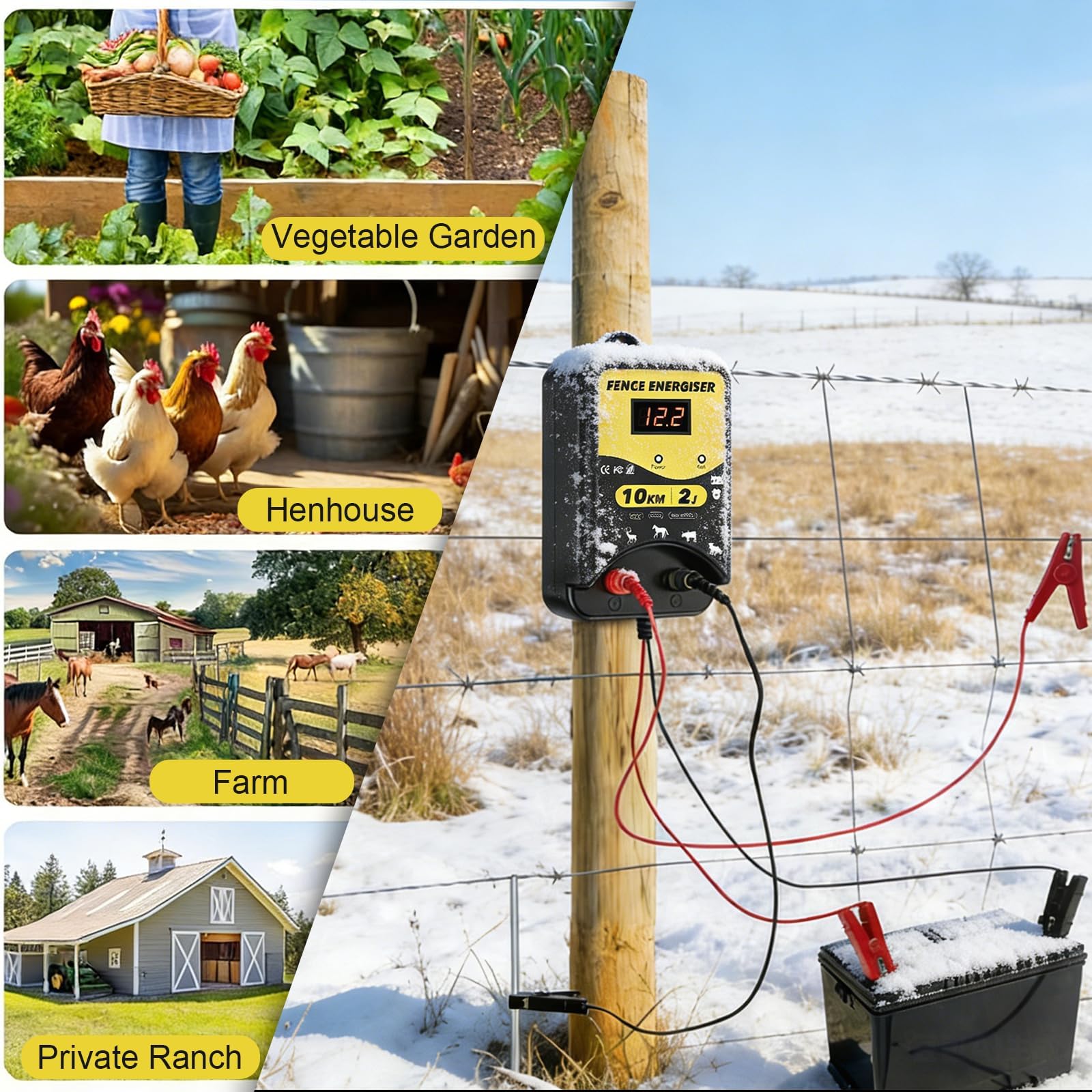 Energizador eléctrico de valla de 12 voltios, funciona con pilas, conectores 2J, alcance de 10 km, IPX5 impermeable con pantalla LED, resistente a la intemperie para caballos y otros animales