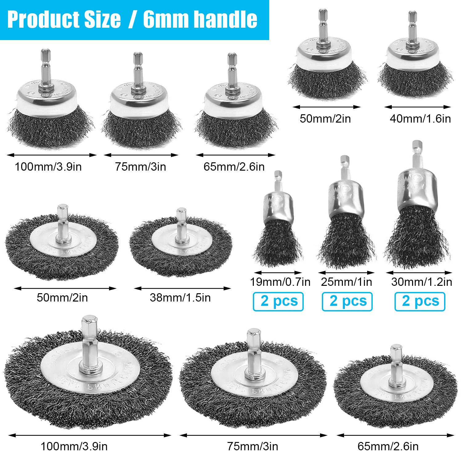 16 Pièces Brosse Metal Métallique pour Perceuse, 6 mm Brosse Abrasive Metallique pour Perceuse, Tige Hexagonale Brosse Metal, pour Meuleuse, L'éLimination de La Rouille, Corrosion, Peintur