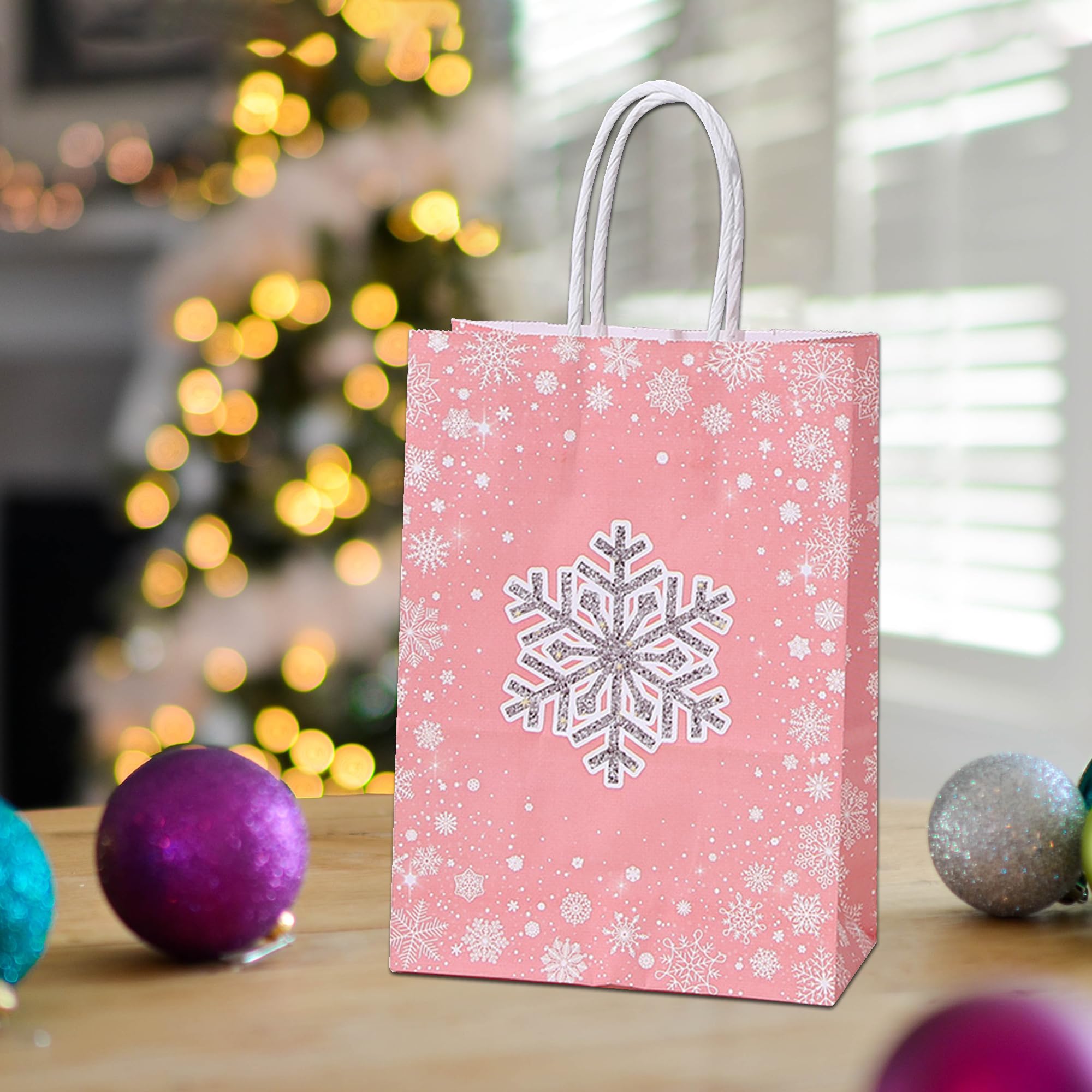 12-Pack Winter Snowflake Gift Bags - Kraft Paper Treat Bags With Handles For Christmas Parties