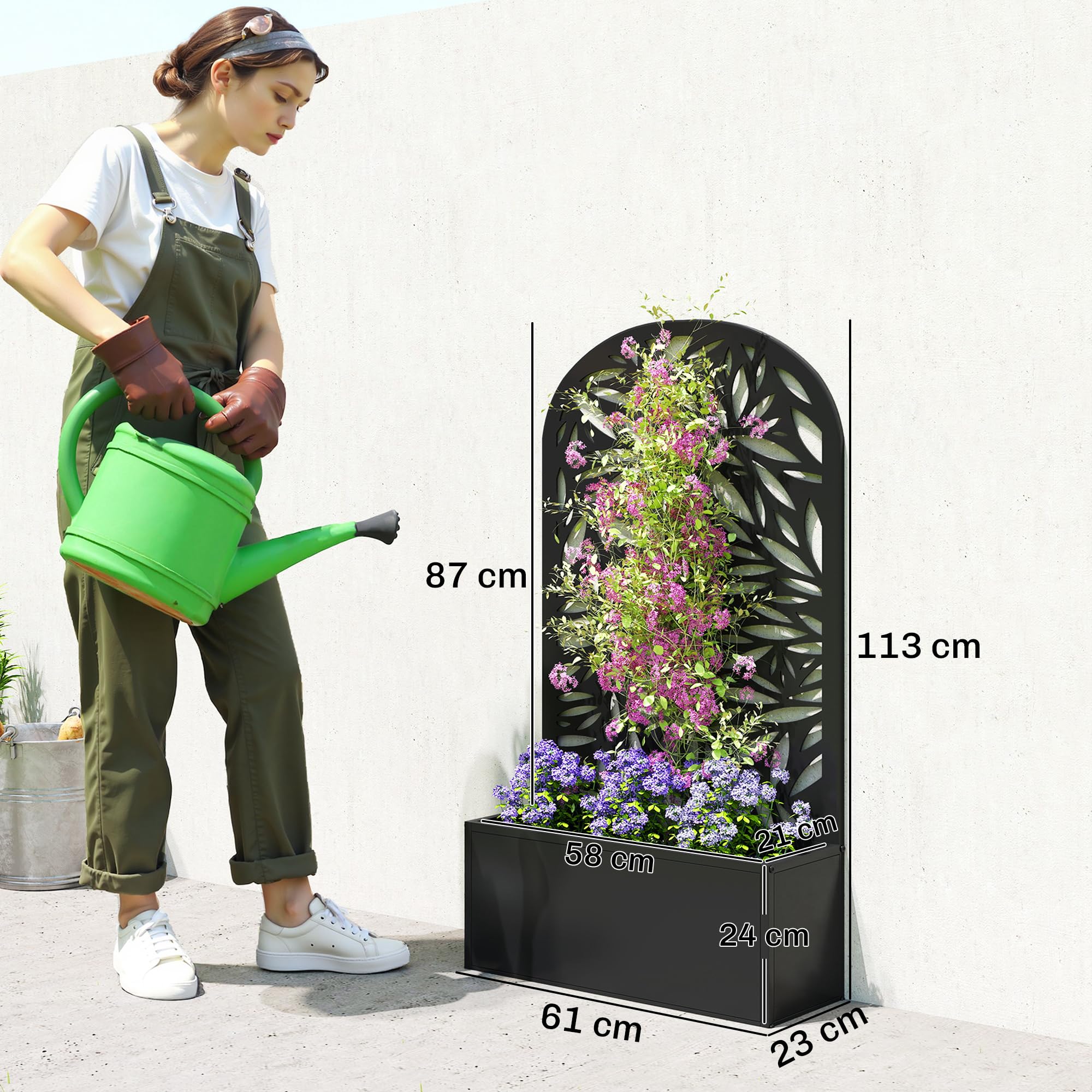 Outsunny Jardinière avec Treillis, Bac à Fleurs Métal, 61x23x113cm Noir | Lit Surélevé avec Brise-vue Découpé en Feuilles, Fixation Mur ou Sol, pour Plantes Grimpantes, Légumes, Fleurs
