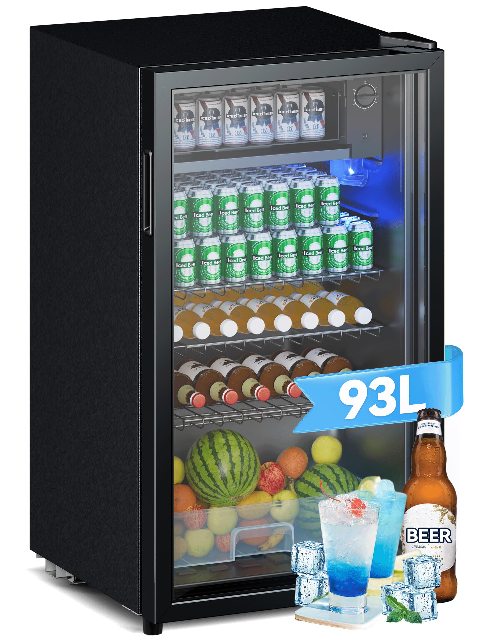 Devoko Getränkekühlschrank mit Glast,93L Minikühlschrank,mit RGB LED Lichtern,verstellbare Einlegeböden, Indoor/Outdoor,für zu Hause, Büro, Partys & Gastro,Minibar, Kühlschrank Schwarz