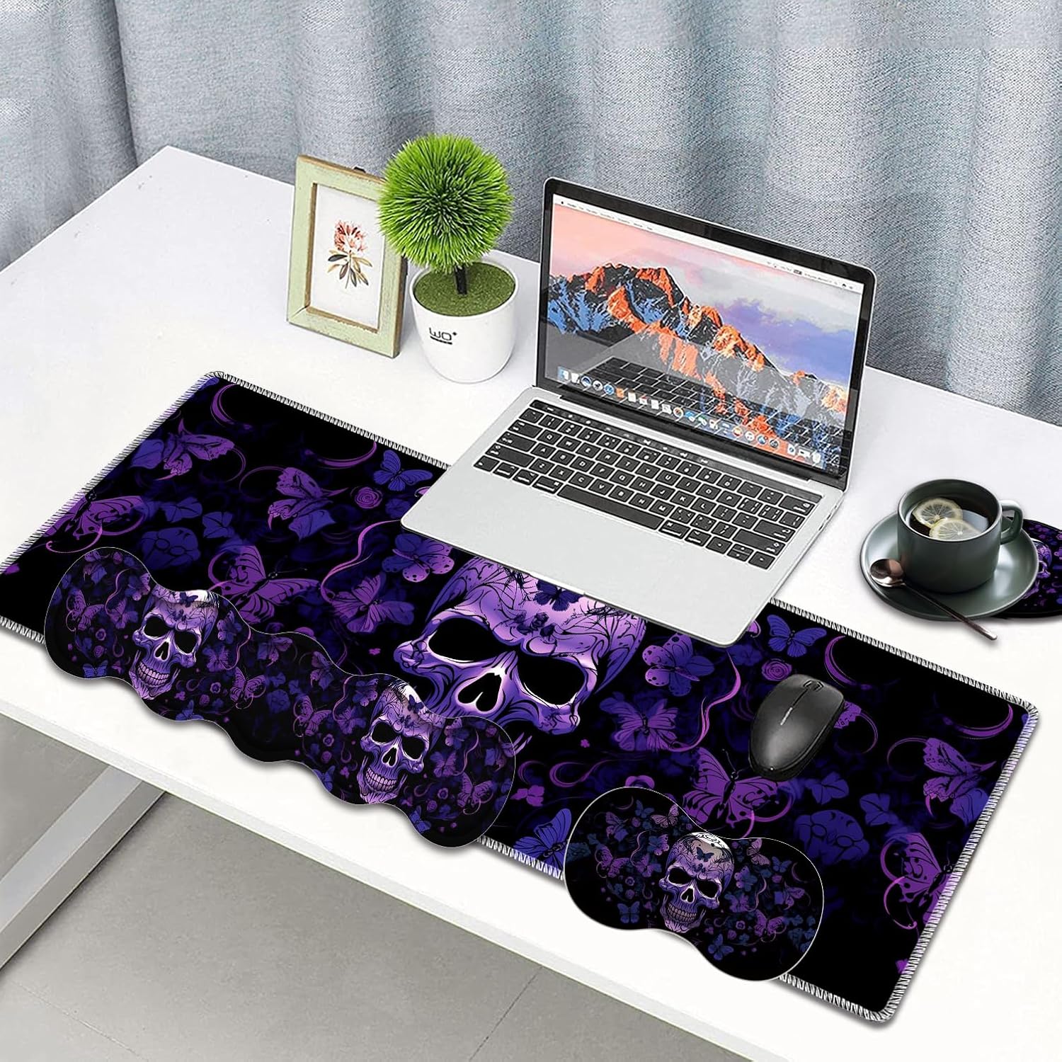 Large Gaming Mouse Pad, Keyboard Wrist Rest Pad + Mouse Wrist Pad + Coaster 4 in 1 Set, Extended Waterproof Non-Slip Desk Mat, Suitable for Office Home Learning Games, Skull Butterfly