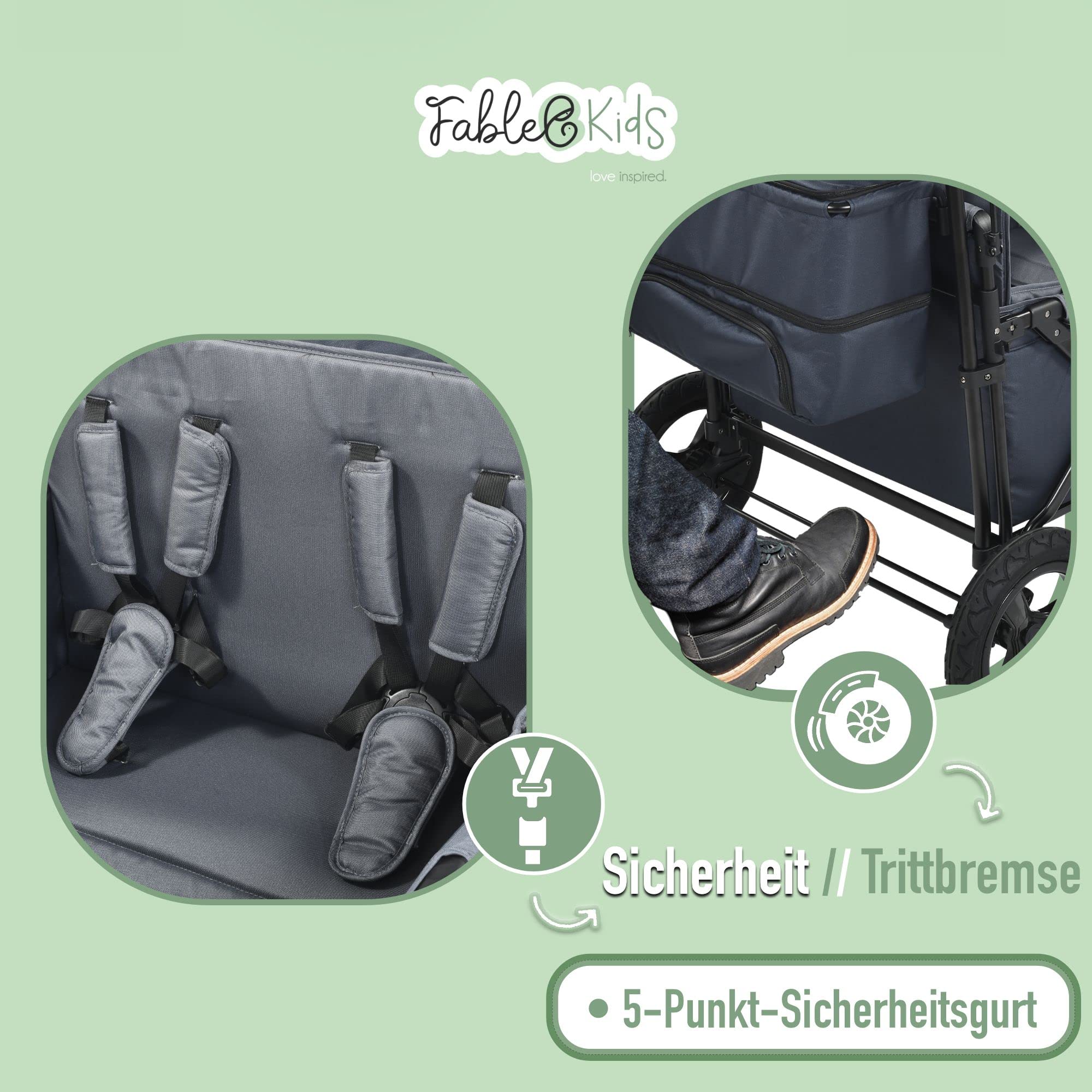 FableKids Bollerwagen Leo X4Plus mit Dach | 4 Sitzplätze | Faltbarer Transportwagen | XXL-Hecktasche | 4X 5-Punkt-Gurt | 360° Offroad Räder | Fußbremse | Oxford 600D | Belüftungsnetze| Blueberry Blue