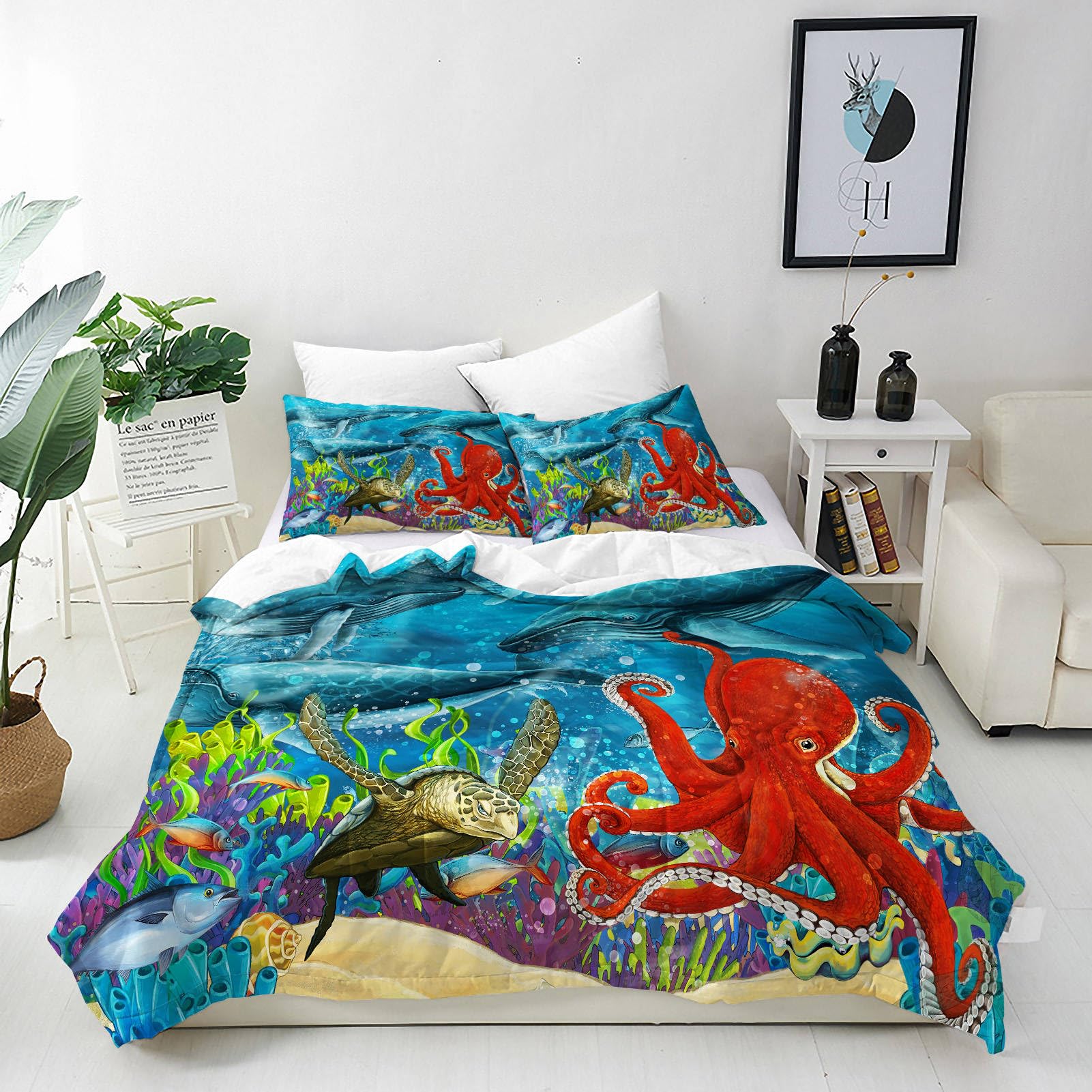 ANHOPE Ocean Underwater Duvet Cover Set Soft Lightweight 3 Piece Bedding Set with 2 Pillowcase Sea Animal Whale Octopus Turtle Fish Print Pattern Kids Boys Girls Quilt Cover with Zipper Closure Double — image 1